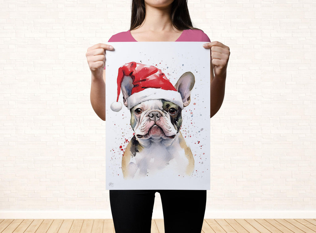 Holiday Frenchie - Watercolor French Bulldog with Santa Hat, Print on Canvas, Artist Paper, Watercolor Paper, Available in Extra Large Sizes