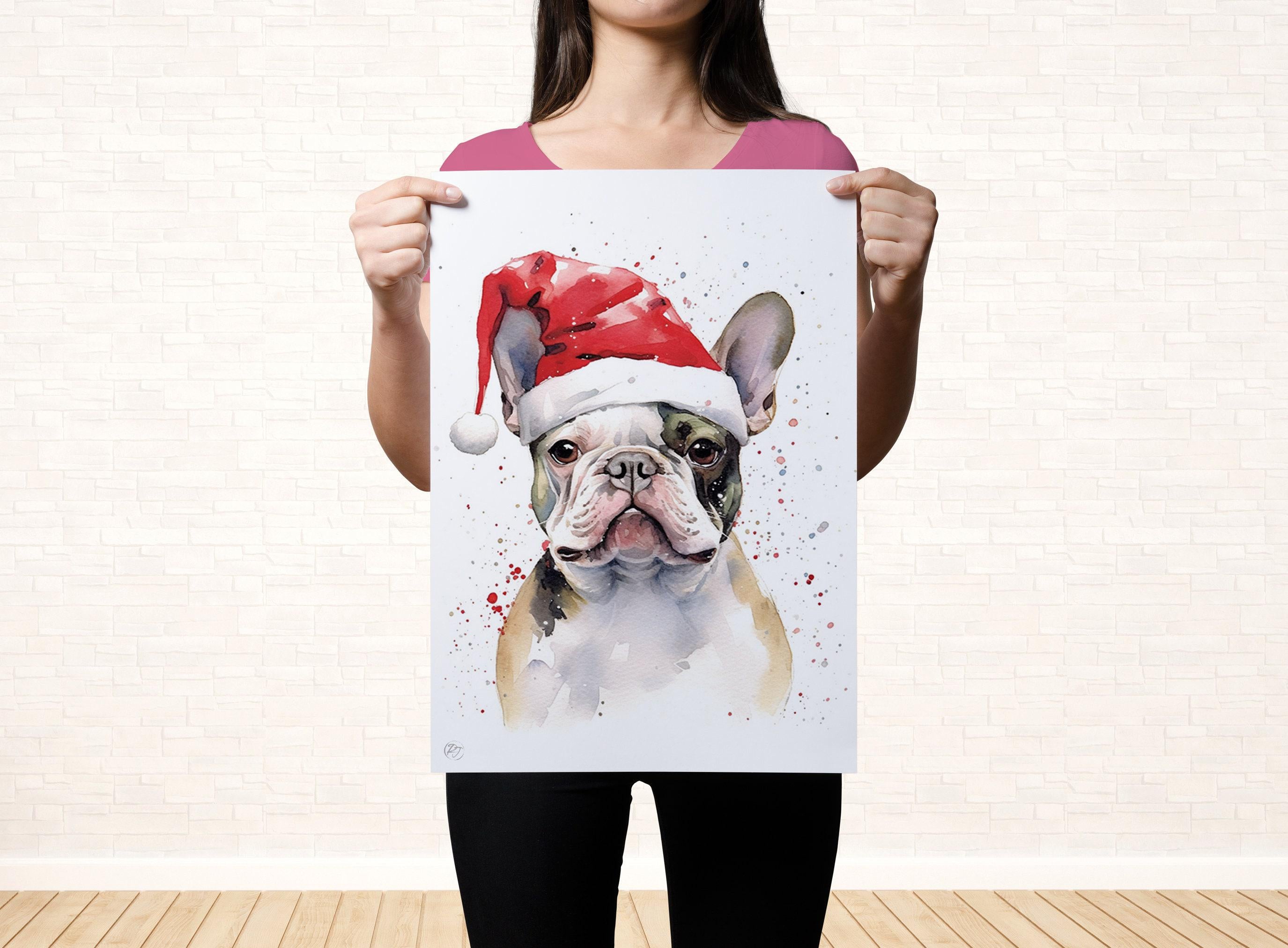 Holiday Frenchie - Watercolor French Bulldog with Santa Hat, Print on Canvas, Artist Paper, Watercolor Paper, Available in Extra Large Sizes