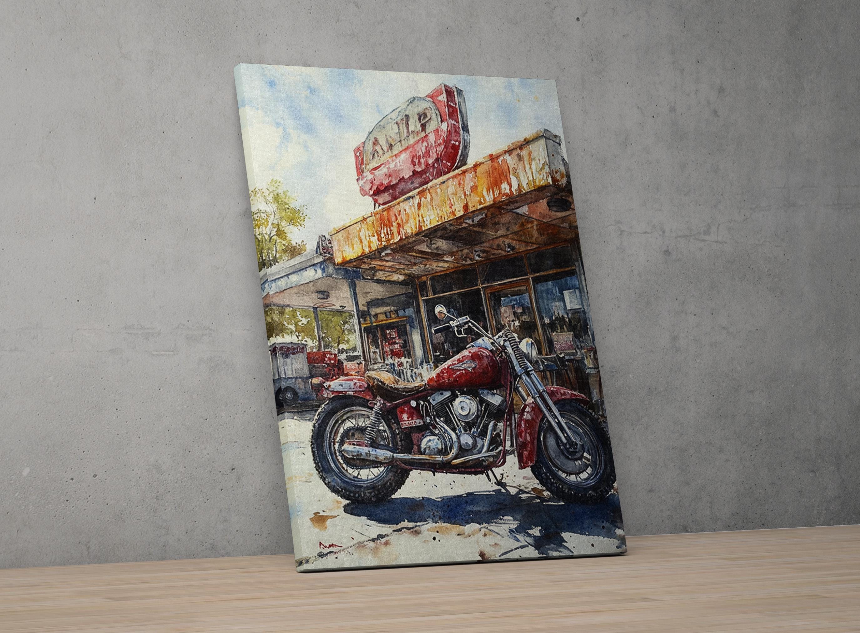 A red motorcycle parked in front of a building with a sign that reads "Lamp".