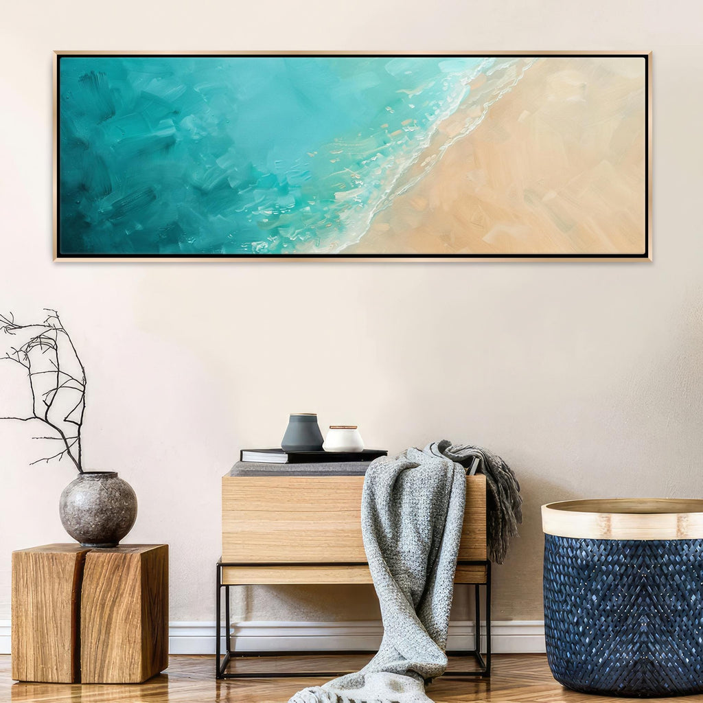 a painting hanging on a wall above a table