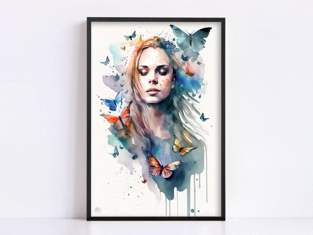 Dreamlike Elegance: Woman with Butterflies Watercolor Painting, Giclee Canvas, Artist and Watercolor Paper, Available in Extra Large Sizes