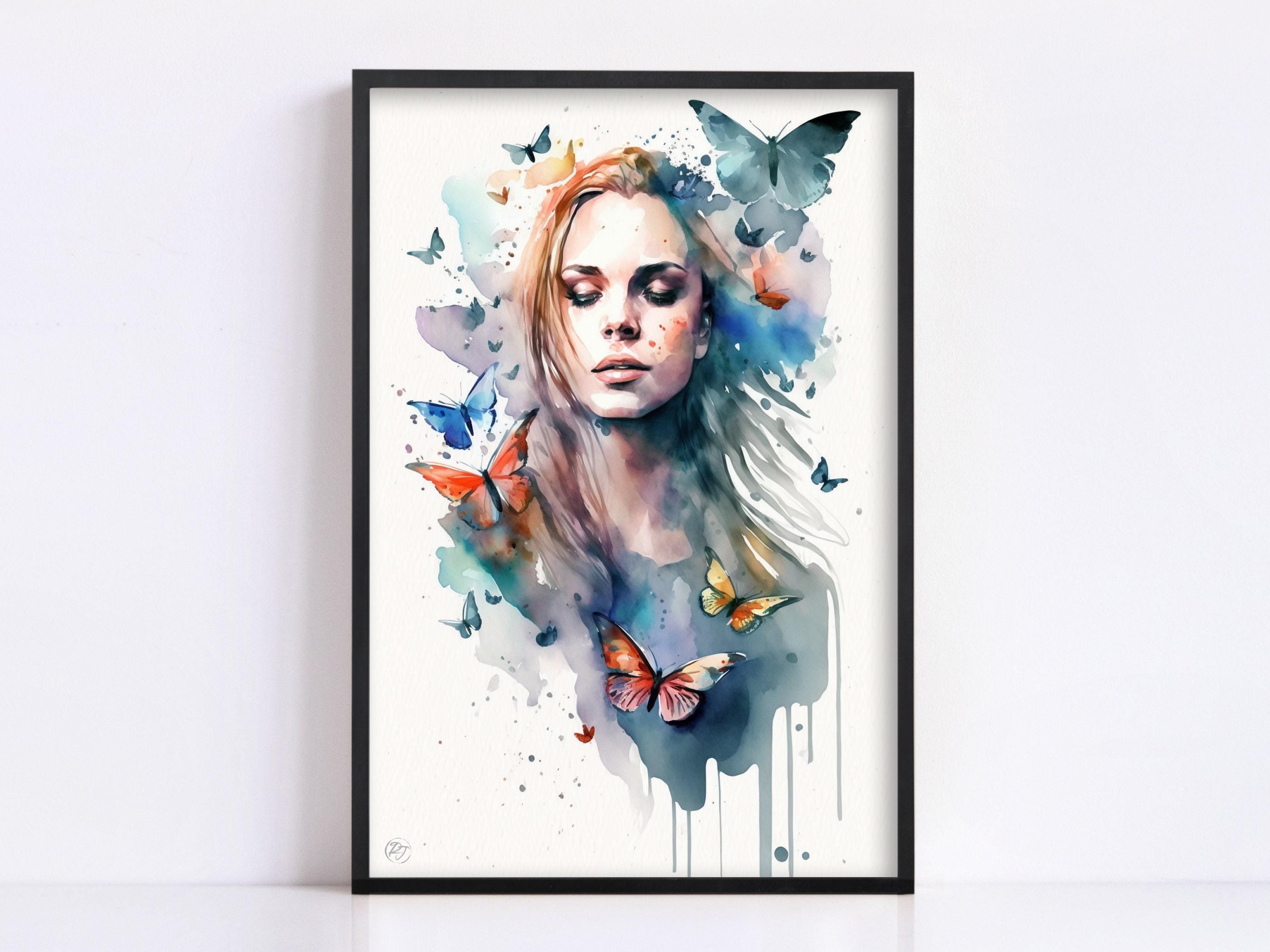 Dreamlike Elegance: Woman with Butterflies Watercolor Painting, Giclee Canvas, Artist and Watercolor Paper, Available in Extra Large Sizes
