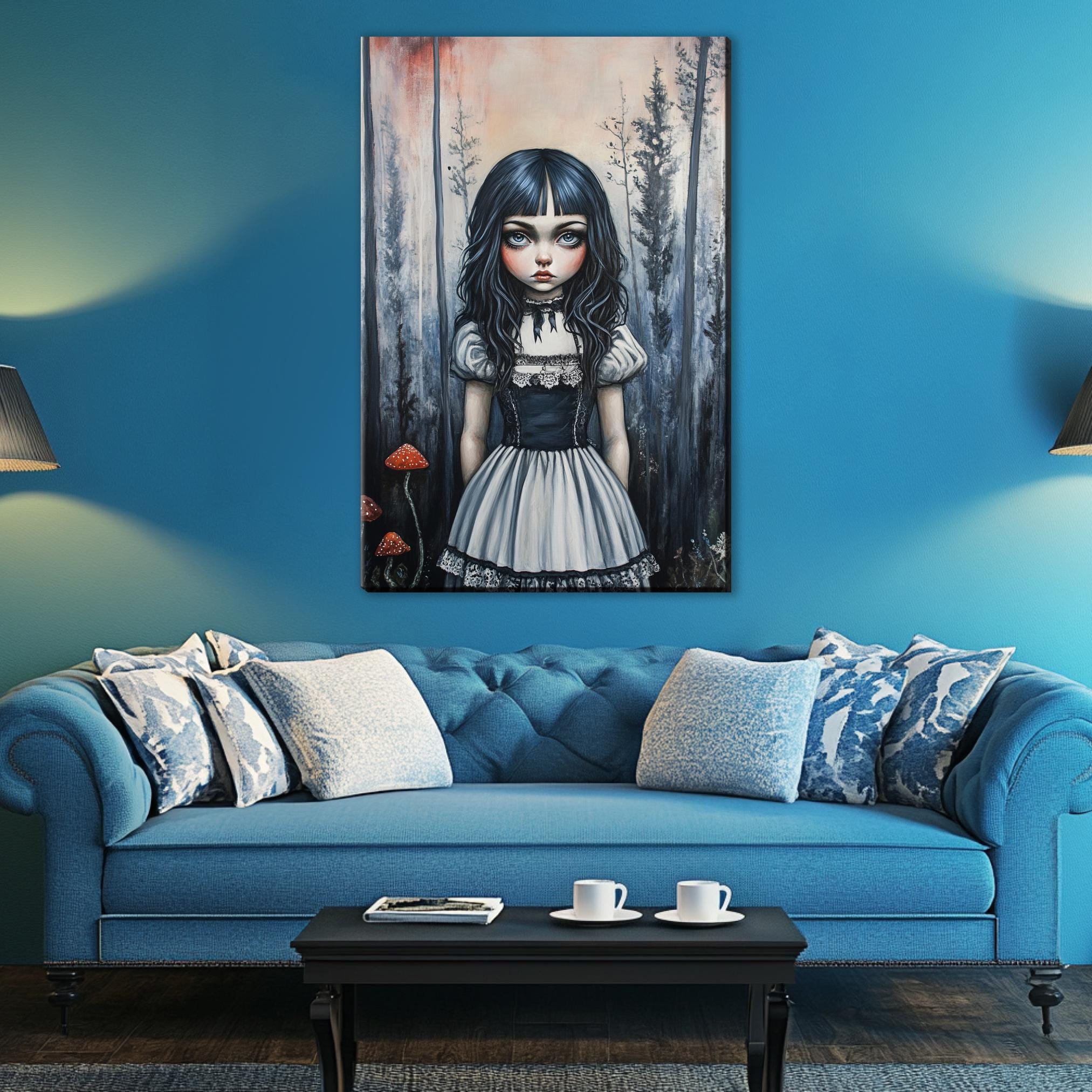a living room with a blue couch and a painting on the wall