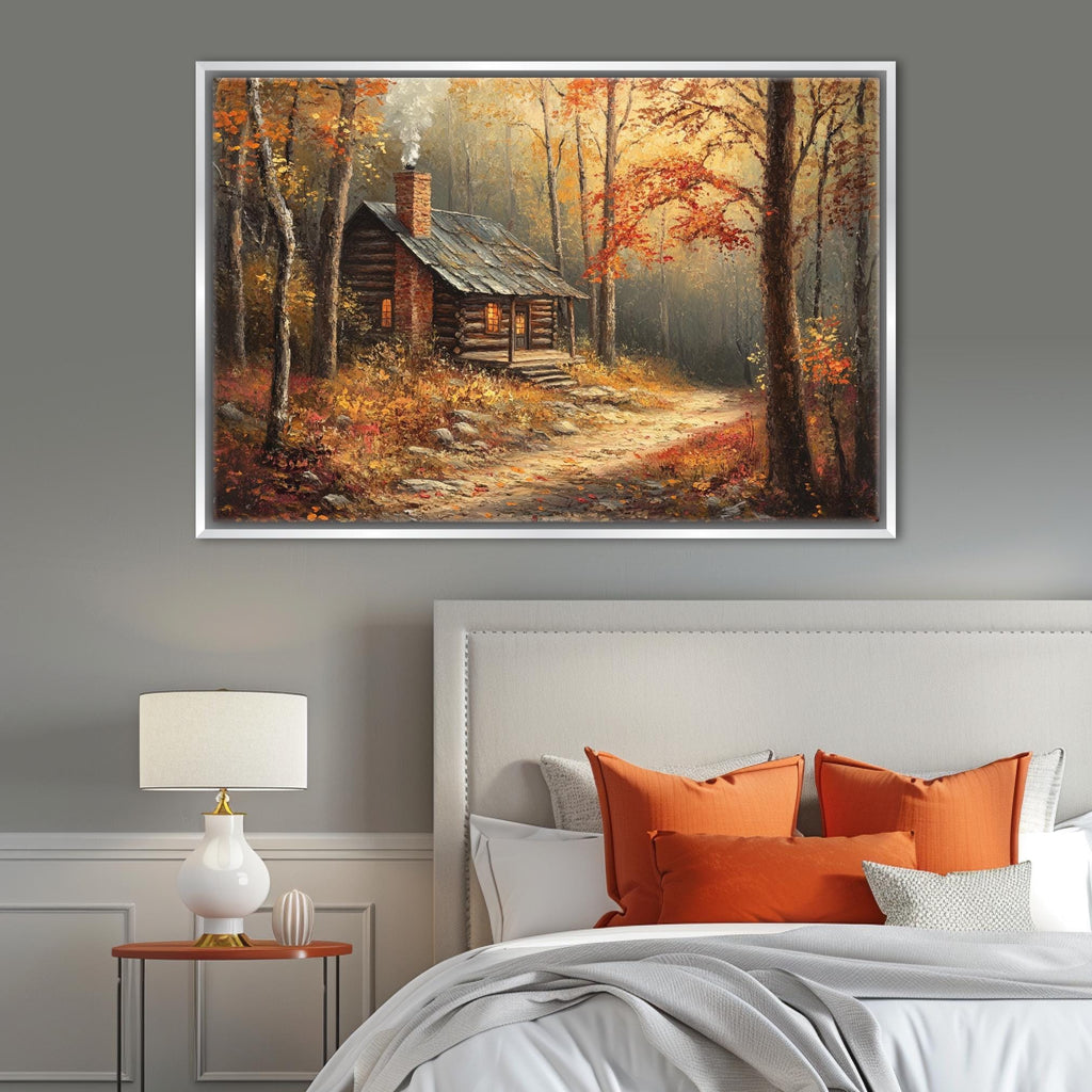 a serene cabin nestled in a forest, surrounded by vibrant autumn foliage.