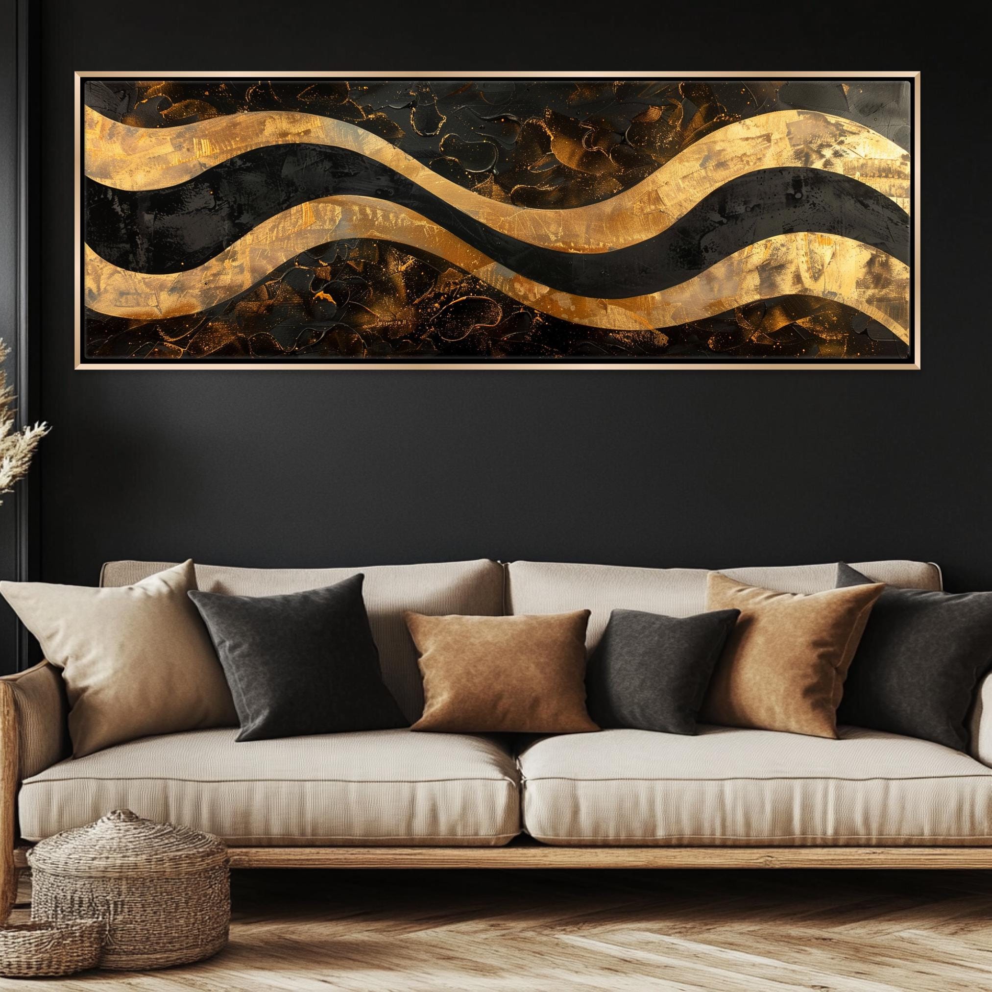 a living room with a couch and a painting on the wall