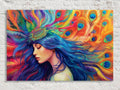 Peacock Feather Wall Art – Elegant Woman Portrait Canvas with Ornate Feather Headpiece