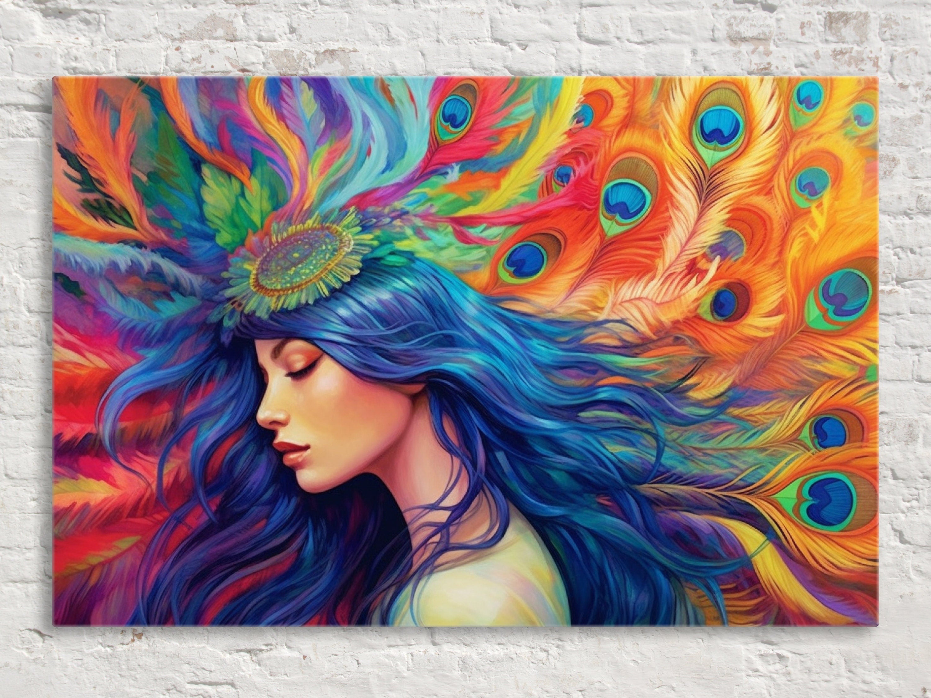 Peacock Feather Wall Art – Elegant Woman Portrait Canvas with Ornate Feather Headpiece
