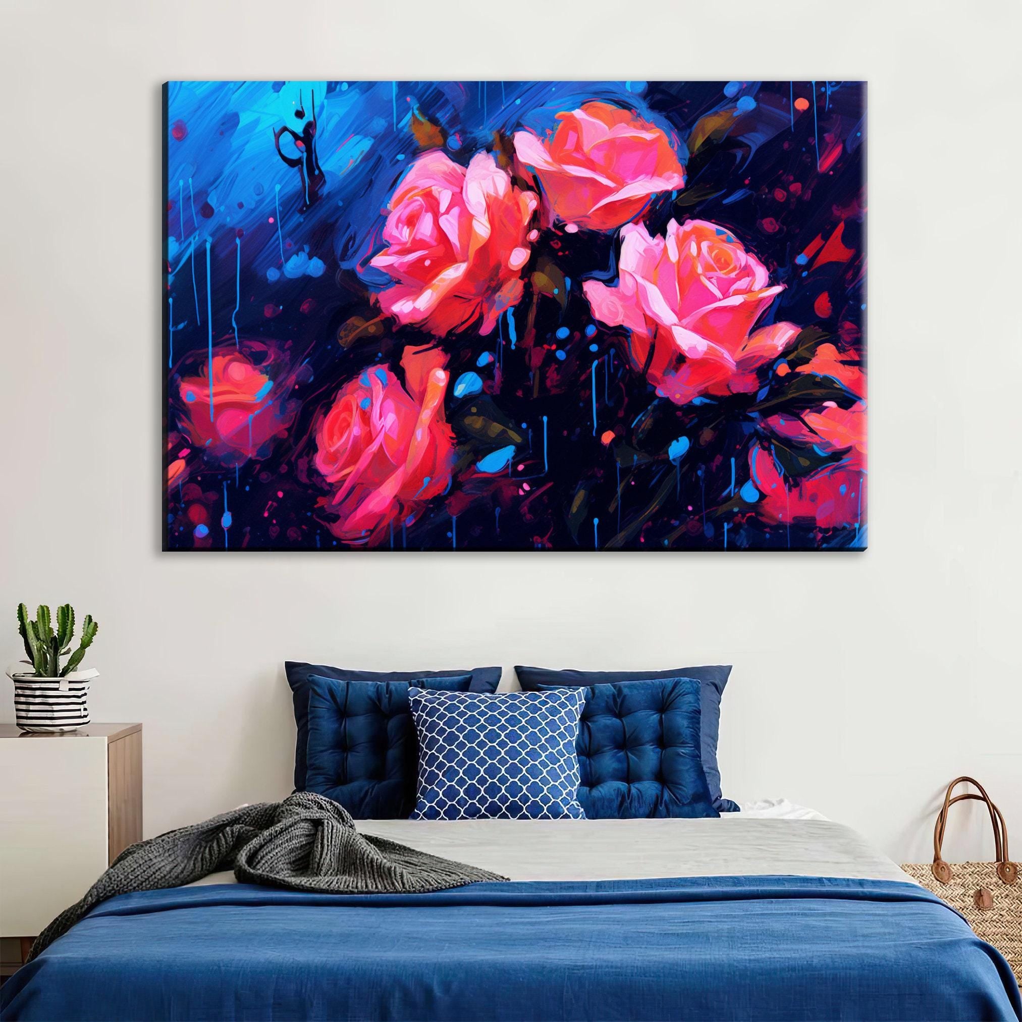 Abstract Roses Canvas | Extra Large Floral Wall Decor - Vibrant Paint Drip Artwork