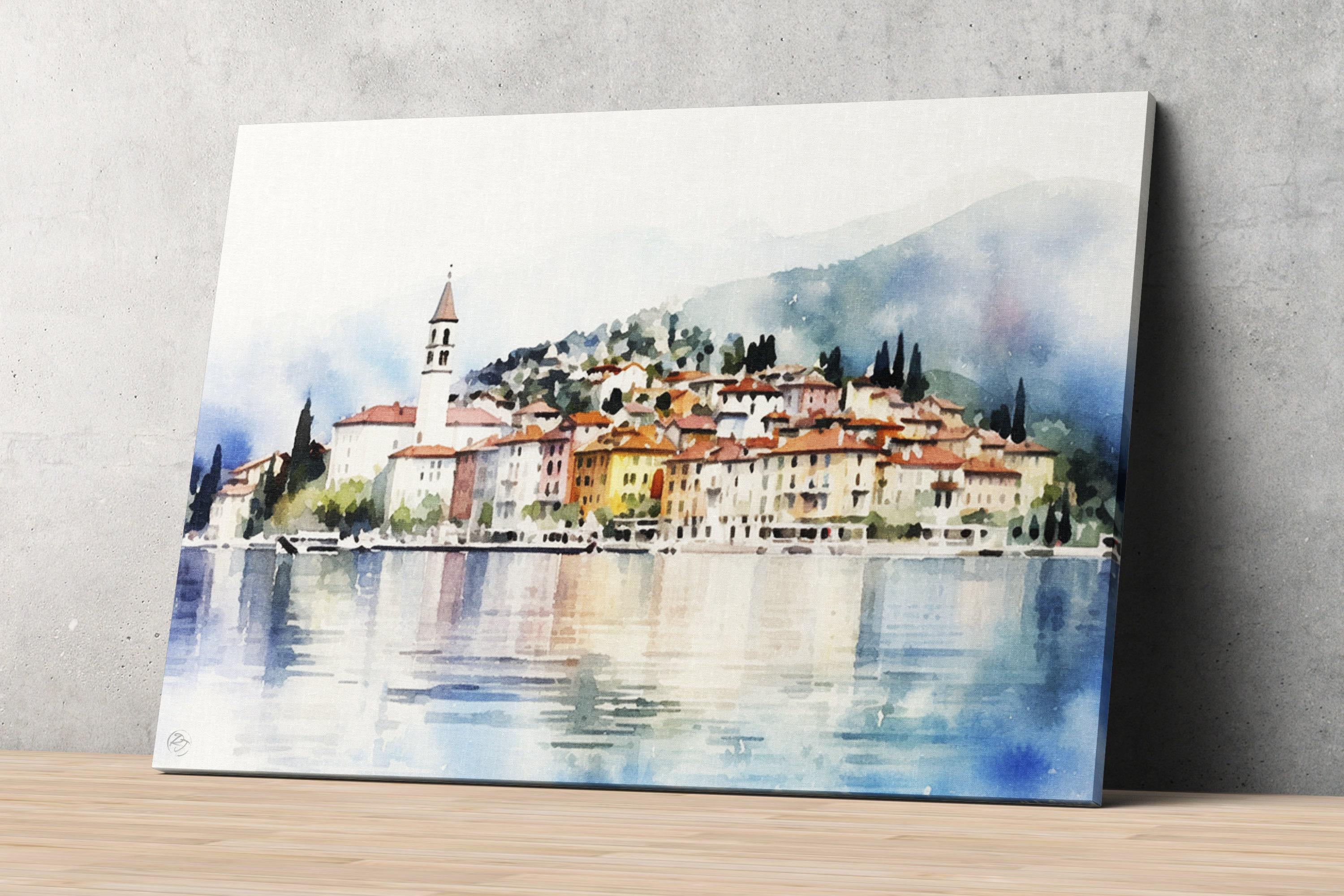 Lake Como Serenity: Bellagio Italy Watercolor Art, Giclee Print on Canvas, Artist Paper, Watercolor Paper, Available in Extra Large Sizes