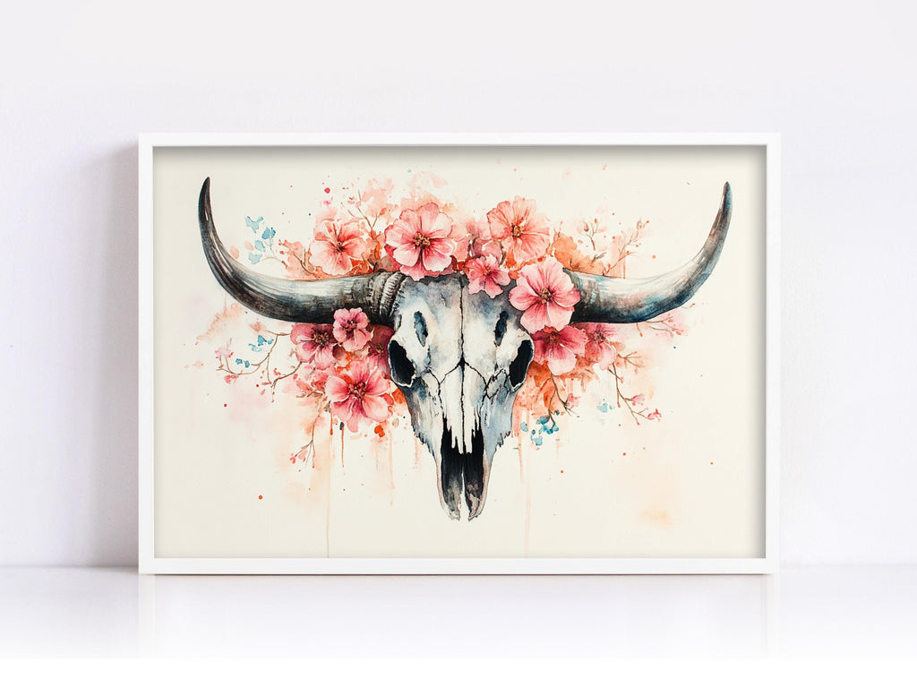 A framed painting depicting a skull with large horns, surrounded by pink flowers.
