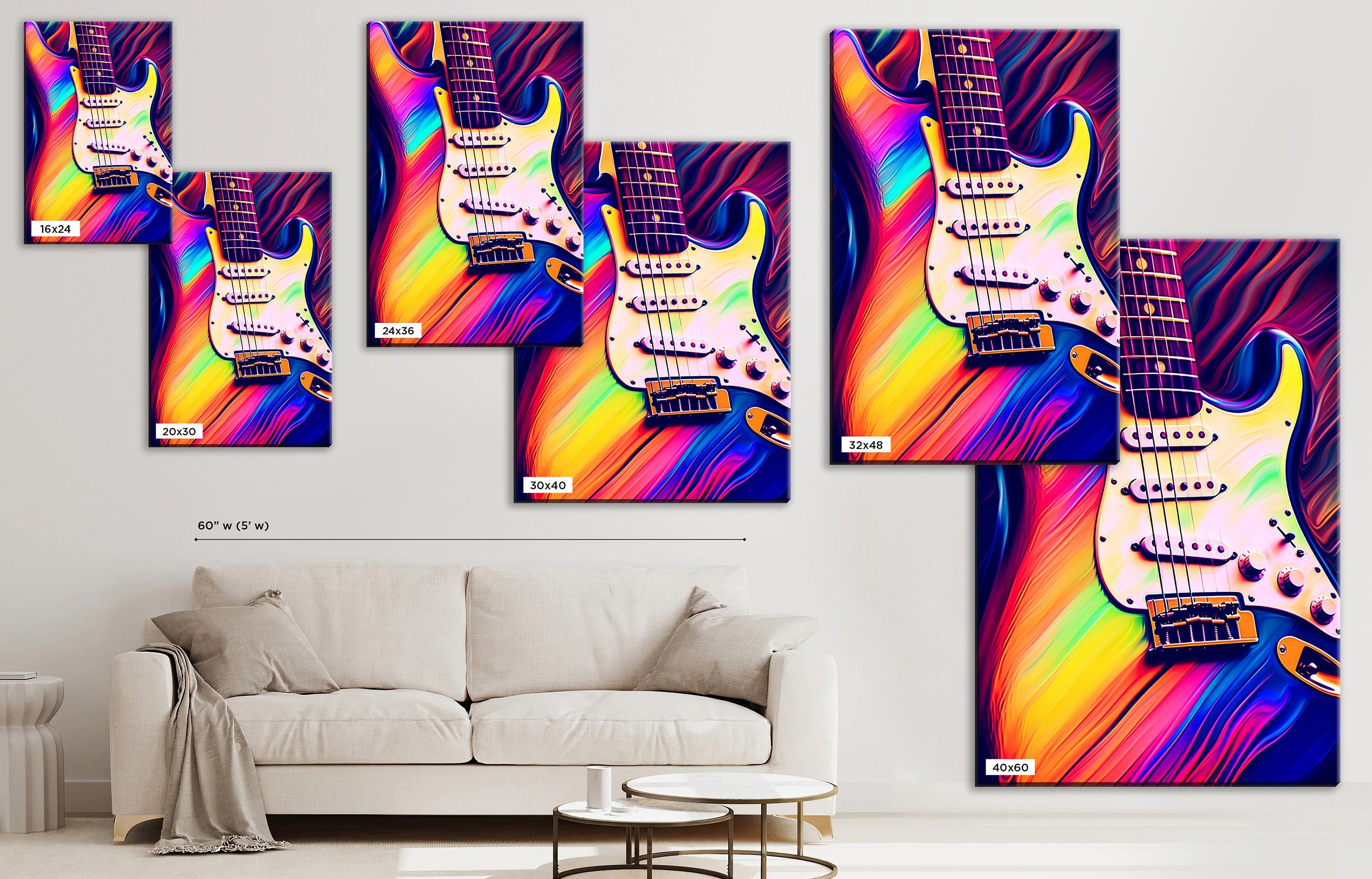 Electric Guitar Wall Art - Synthwave Neon Guitar Canvas Art | Large Vibrant Music Decor