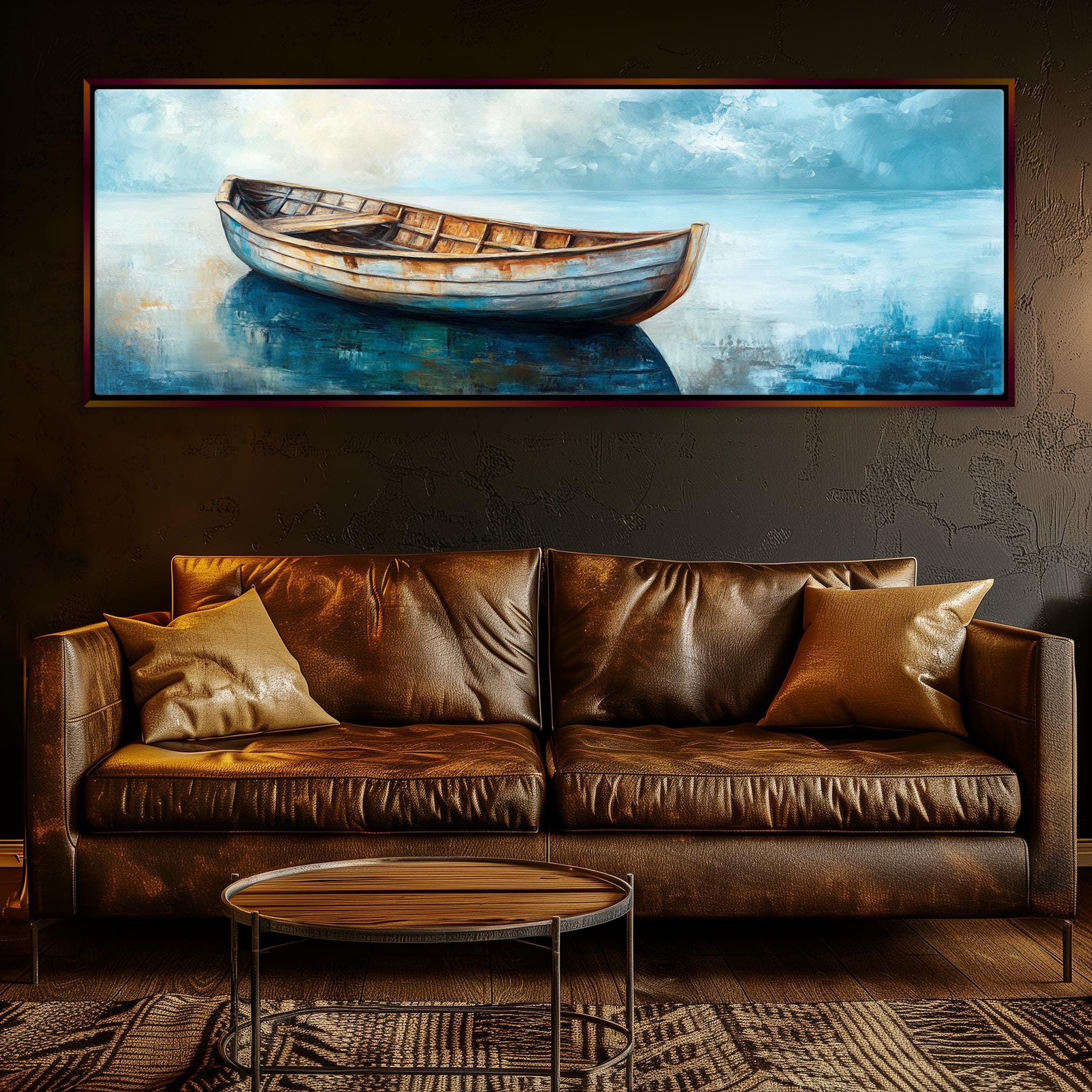 a living room with a couch and a painting on the wall