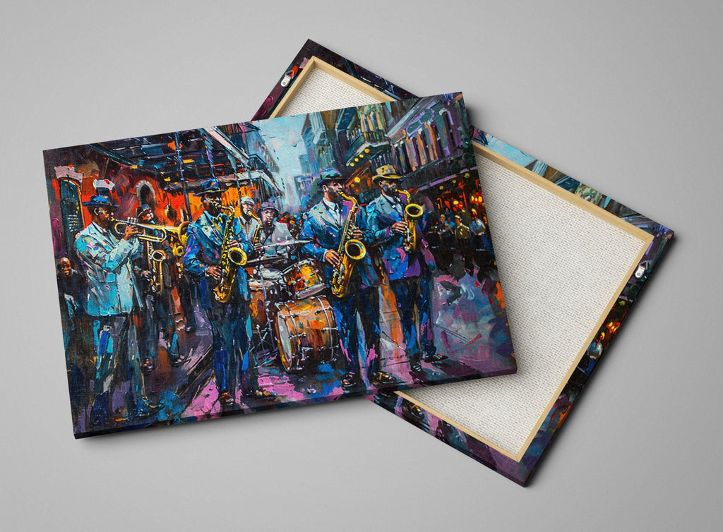 The image is a vibrant painting depicting a lively scene of musicians playing various instruments, including saxophones, drums, and trumpets, in a bustling city street.
