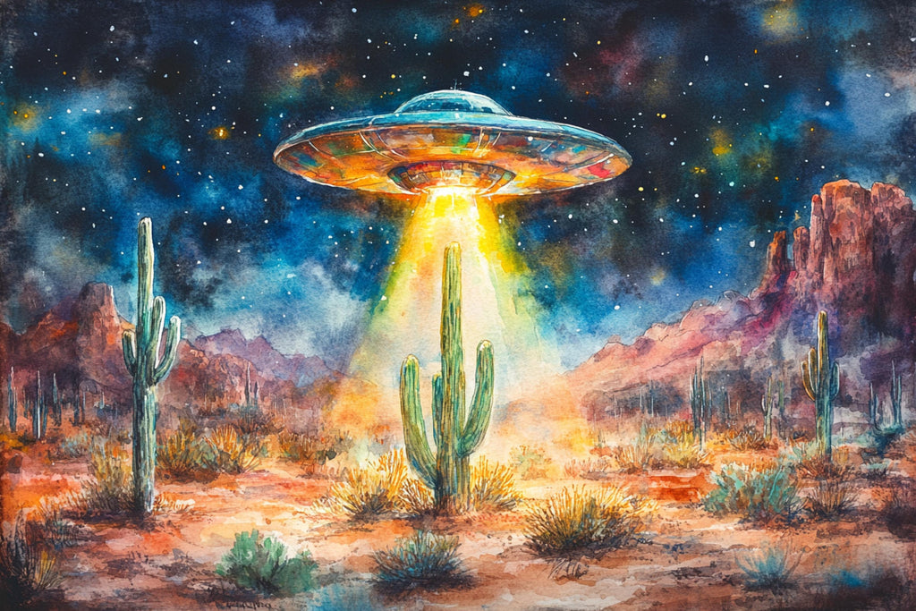 A watercolor painting depicting a large, colorful alien spacecraft hovering over a desert landscape with cacti and mountains in the background, under a starry night sky.