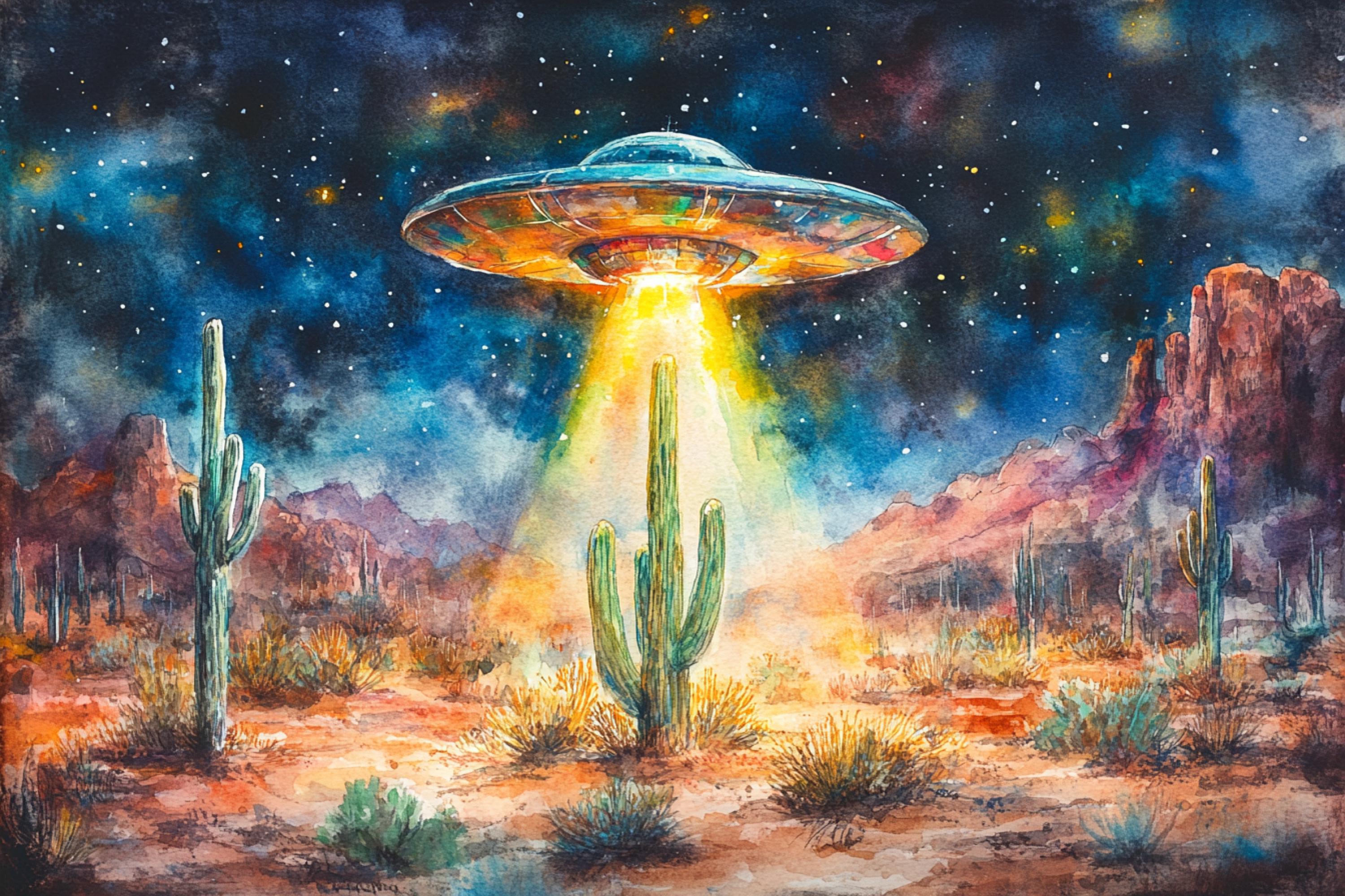 A watercolor painting depicting a large, colorful alien spacecraft hovering over a desert landscape with cacti and mountains in the background, under a starry night sky.