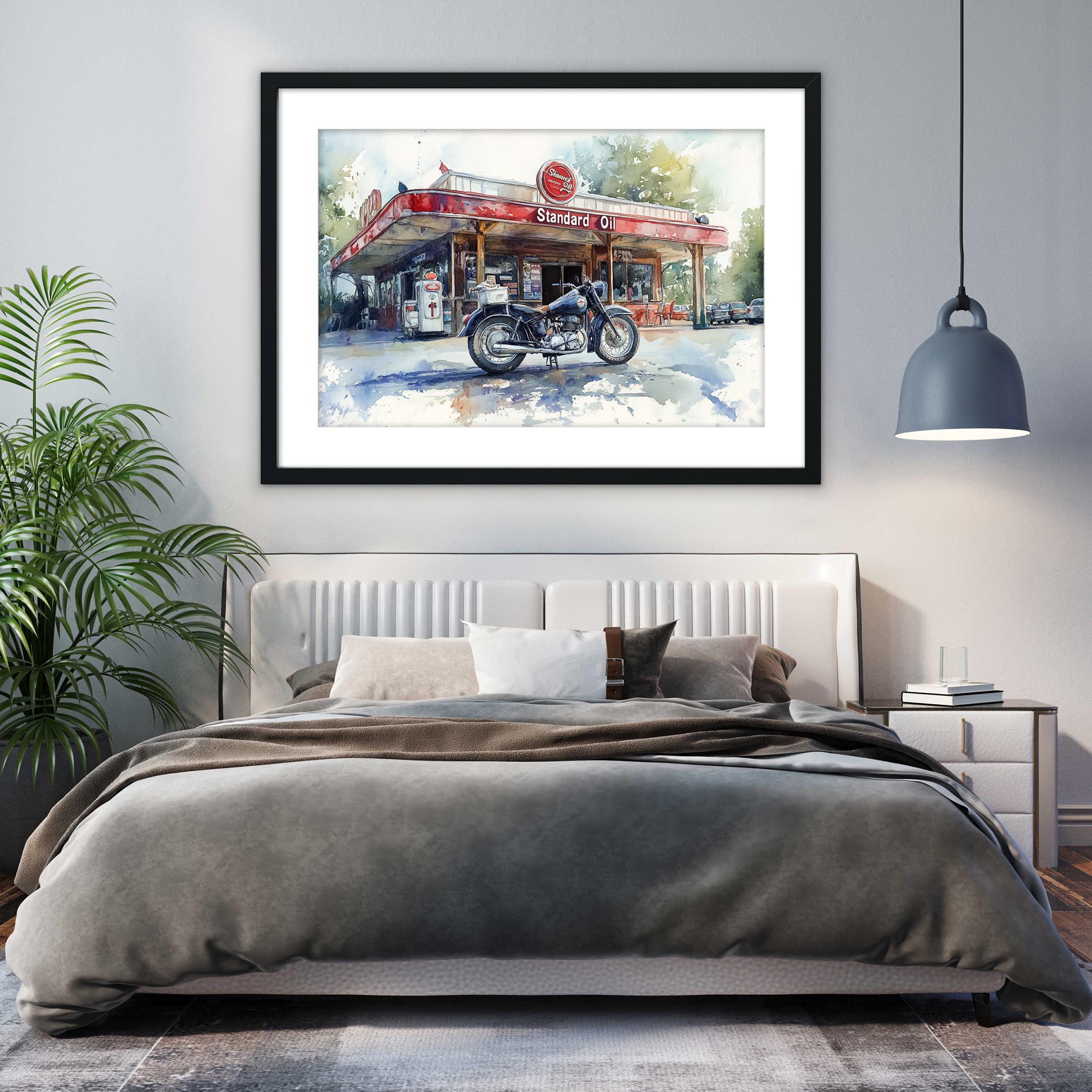 a bedroom with a large bed, a framed painting of a gas station, and a potted plant.