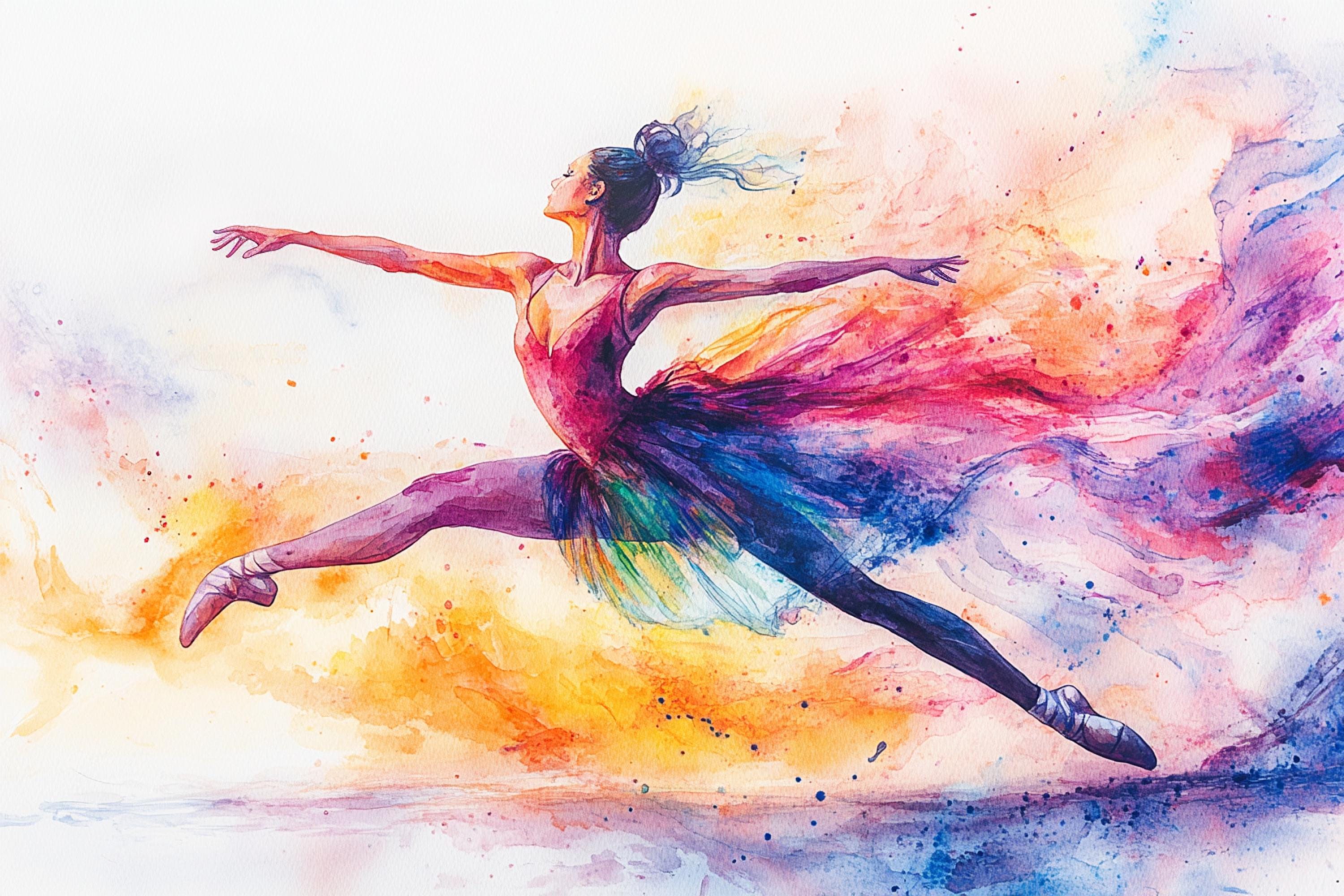 A watercolor painting depicting a female ballet dancer in mid-jump, with a colorful and dynamic background.