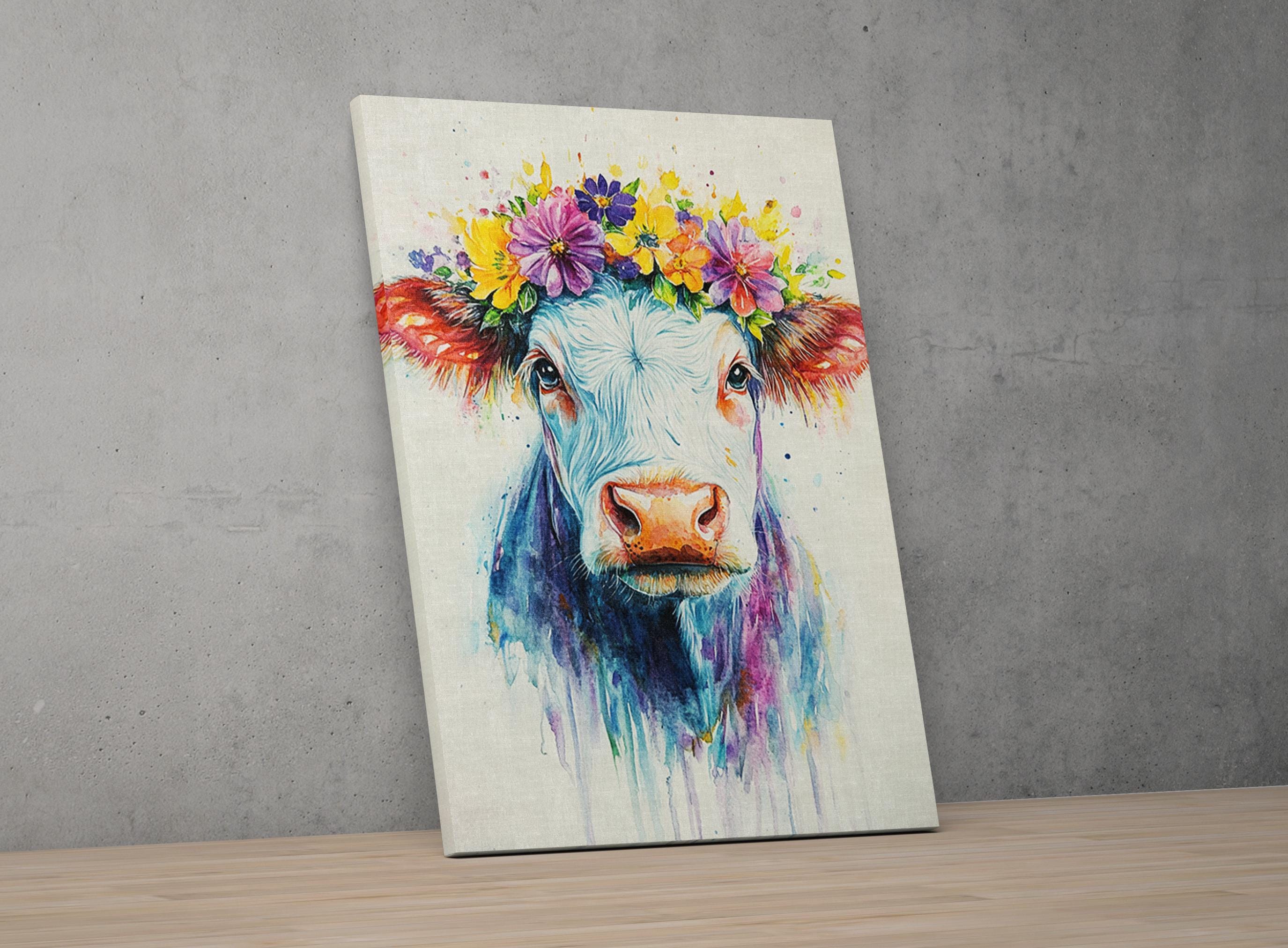 A colorful painting of a cow wearing a flower crown, with vibrant flowers and a whimsical expression.