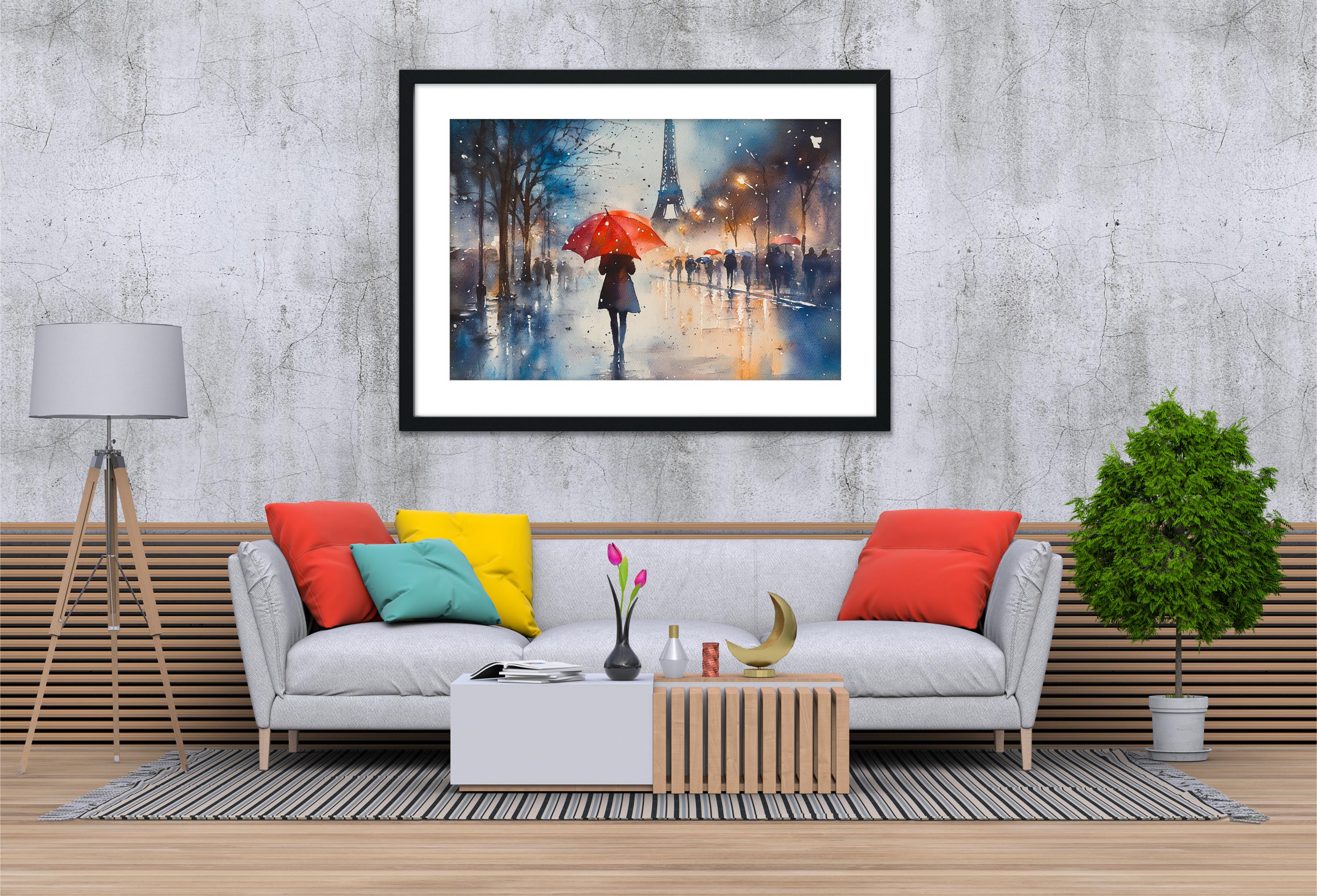 a cozy living room with a gray sofa adorned with colorful pillows, a coffee table with a vase of flowers, and a framed painting of a rainy street scene hanging on the wall.