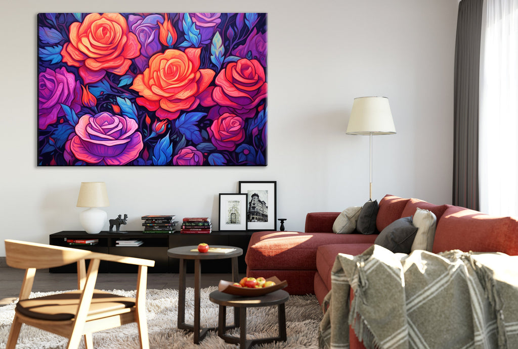 Canvas Wall Art – Neon Roses Floral Wall Decor on Large Gallery Ready Canvas Print