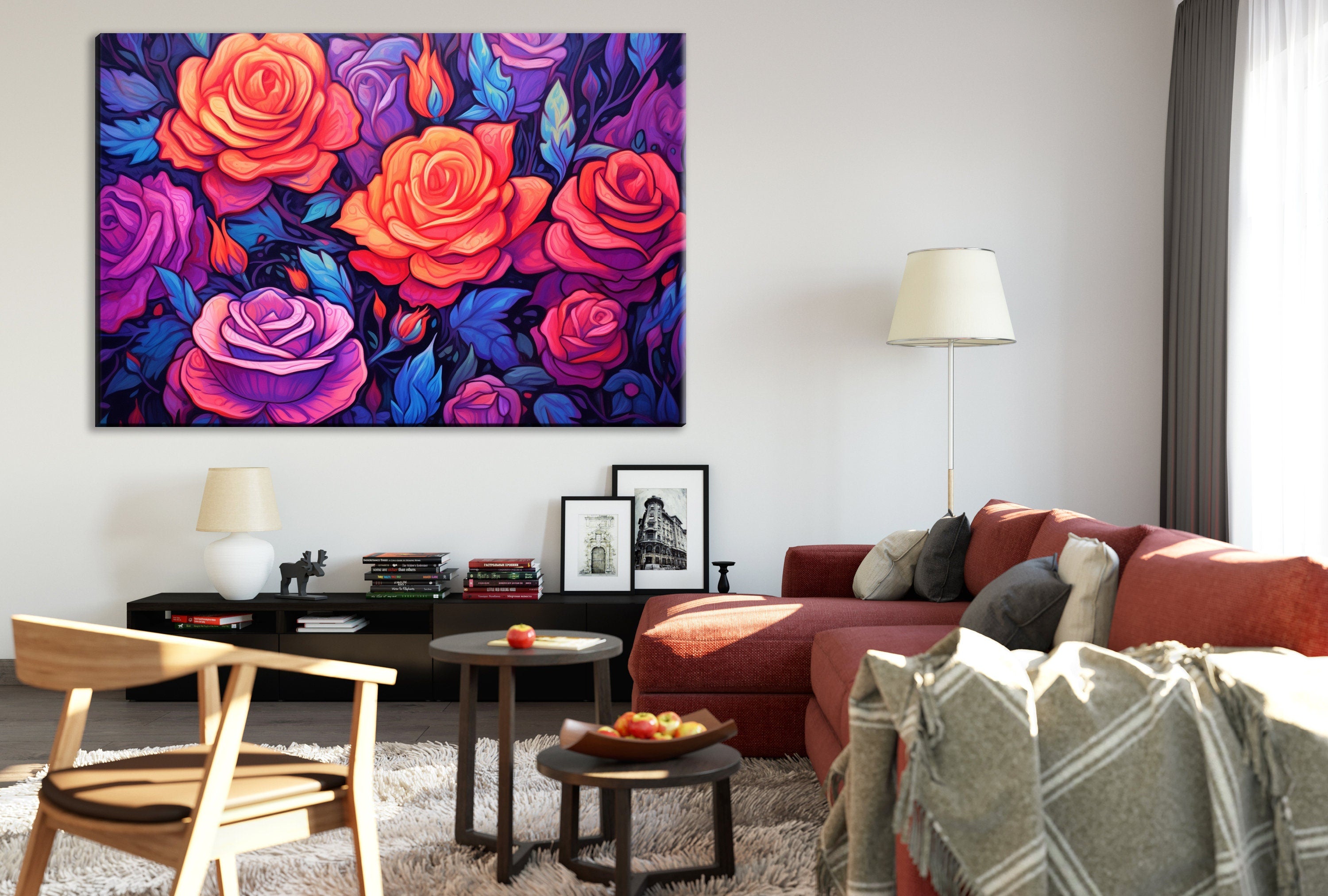 Canvas Wall Art – Neon Roses Floral Wall Decor on Large Gallery Ready Canvas Print