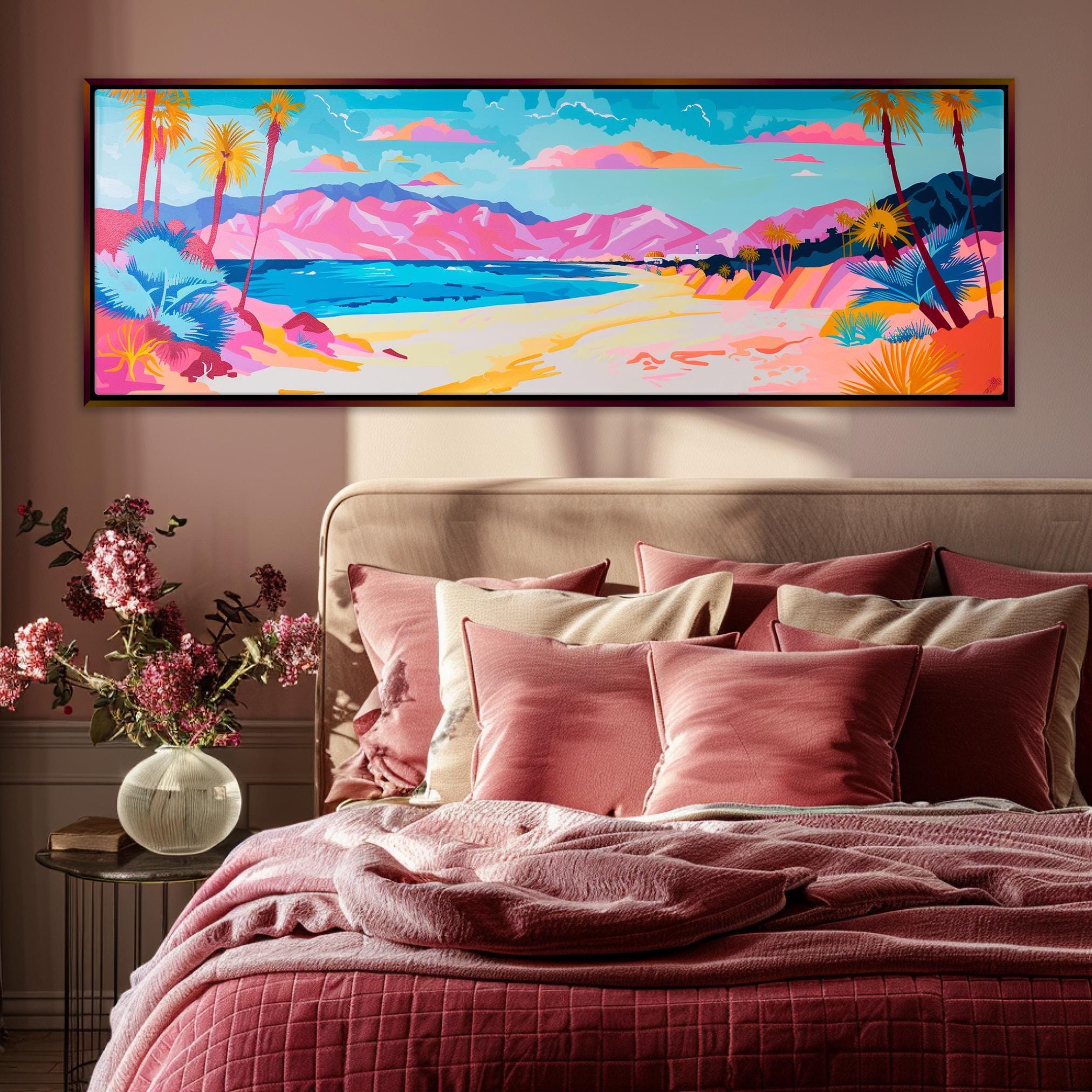Panoramic Beach Wall Art - Oversized Canvas Art, Pink Blue Pastel Coastal Decor