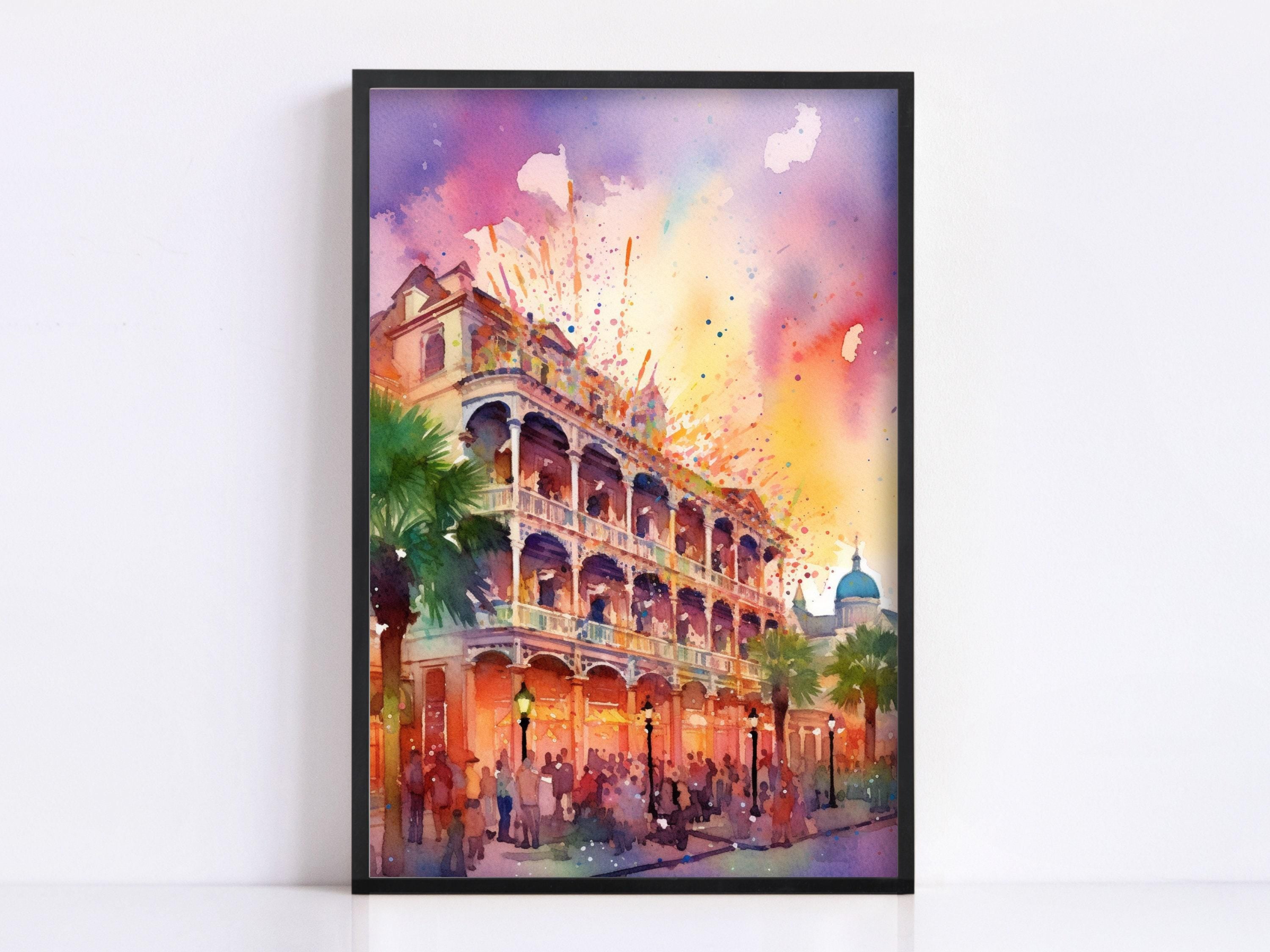 Dazzling New Orleans Mardi Gras Carnival Watercolor, Giclee Print on Canvas, Artist Paper, Watercolor Paper, Available in Extra Large Sizes