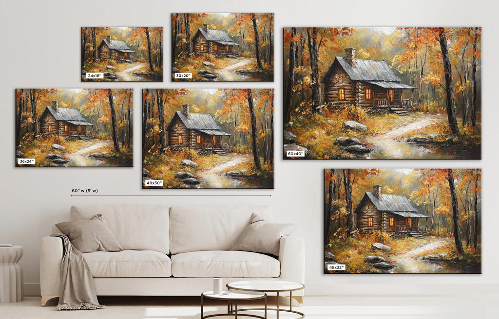 The image is a collage of five paintings depicting a cabin in a forest setting, with varying sizes and orientations.