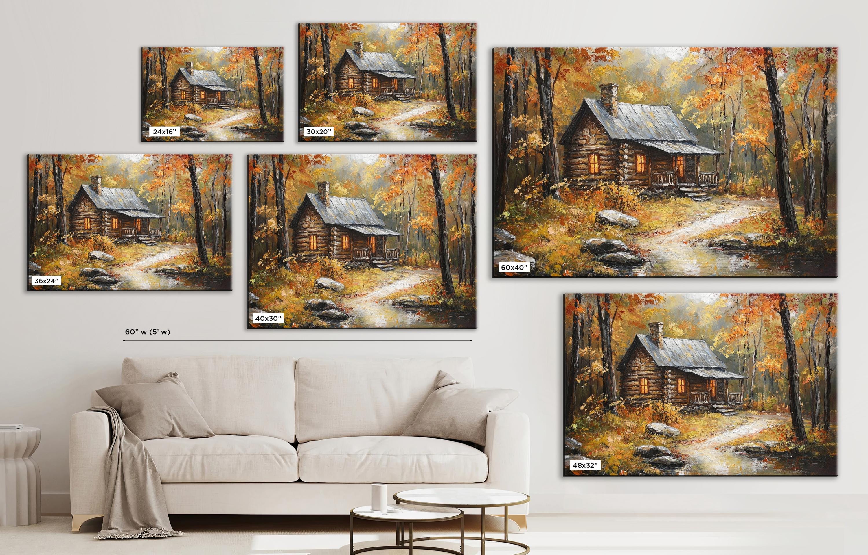 The image is a collage of five paintings depicting a cabin in a forest setting, with varying sizes and orientations.