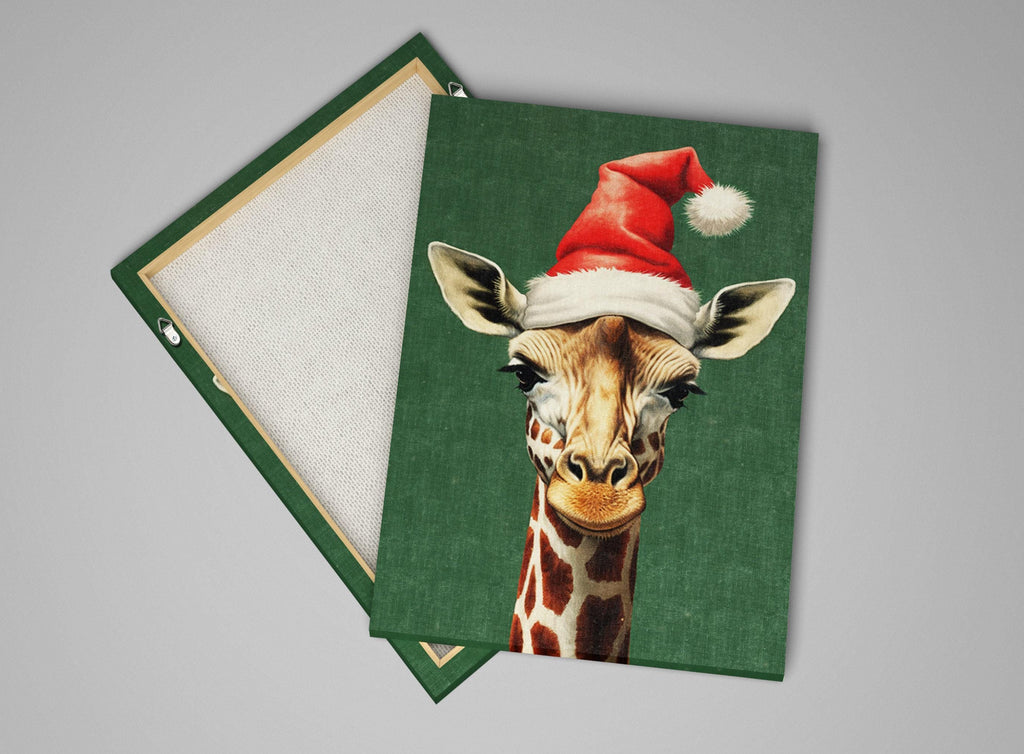 Christmas Canvas Art – Whimsical Giraffe in Santa Hat | Norman Rockwell Style Holiday Decor