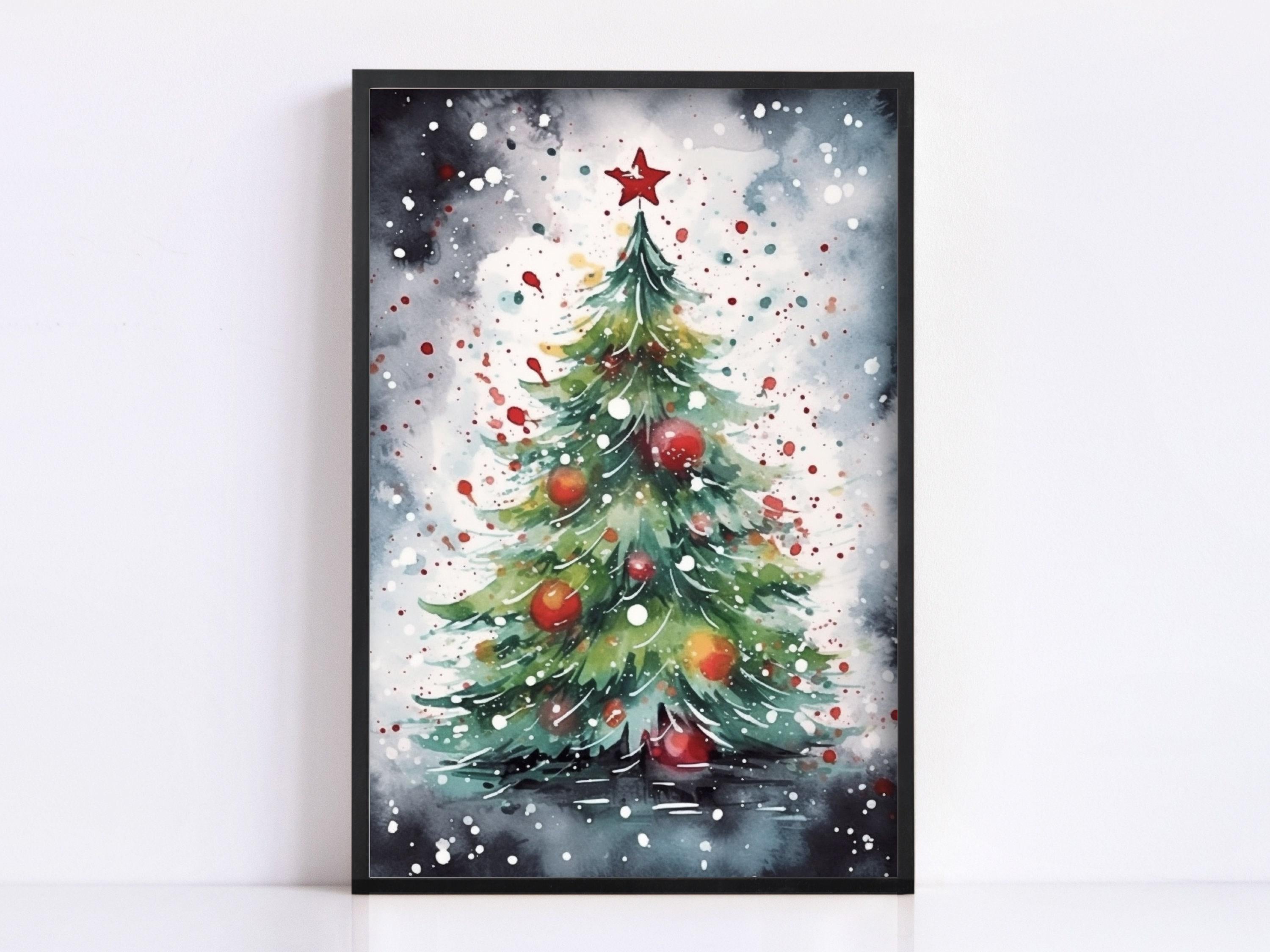 Festive Tree Watercolor Print - Holiday Home Decor, Giclee Print on Canvas, Artist Paper, Watercolor Paper, Available in Extra Large Sizes