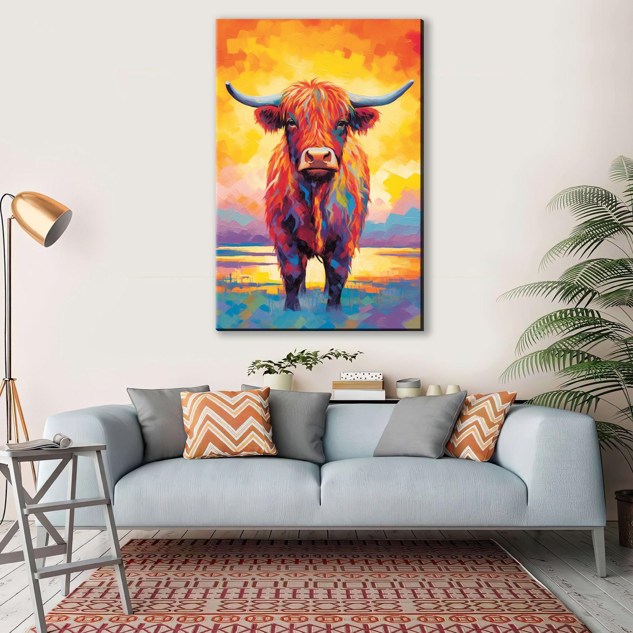 Highland Cow Canvas – Rustic Farmhouse Wall Art, Large Colorful Cow Painting