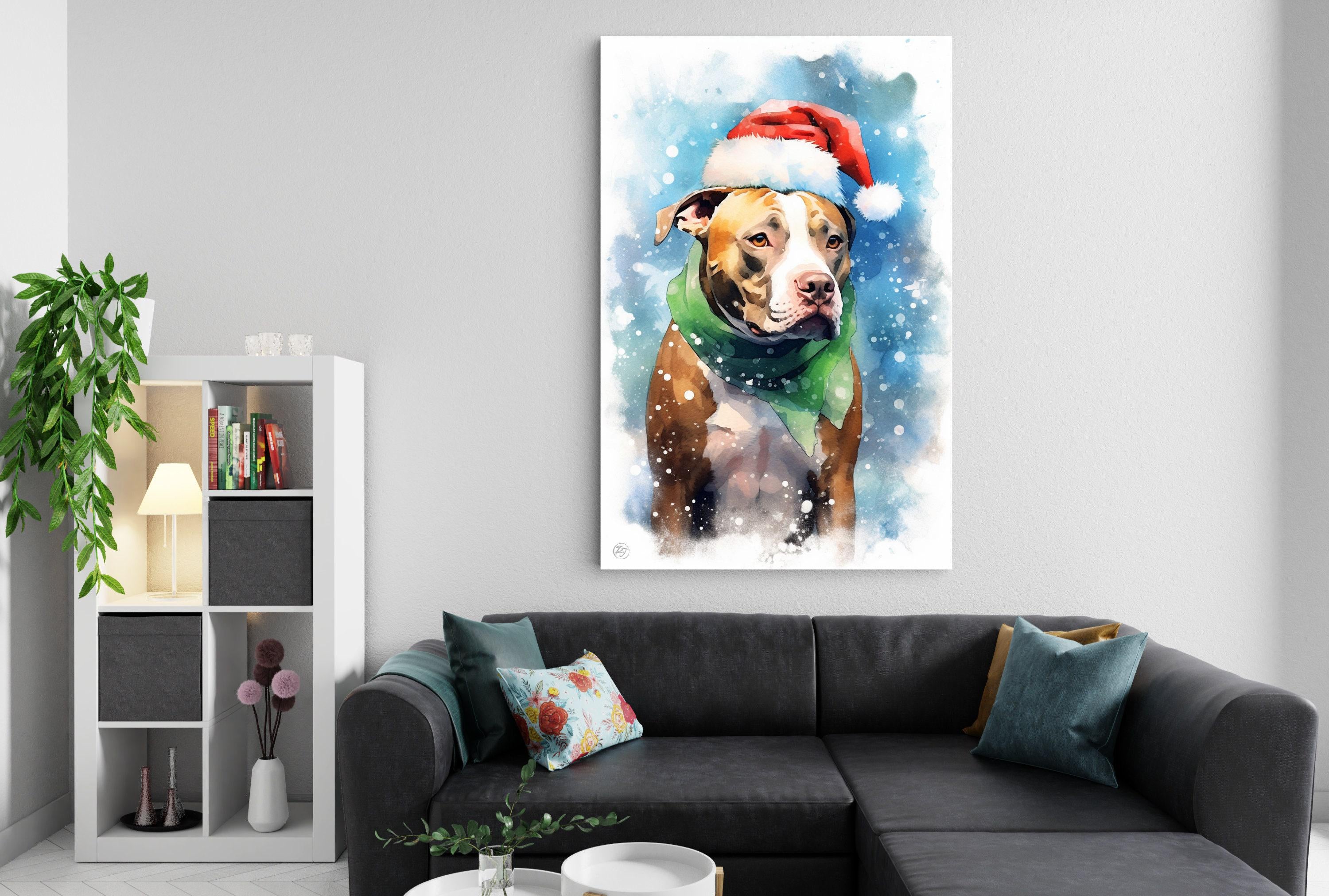 Festive Pitbull in Santa Hat Watercolor Art Print, Giclee Print on Canvas, Artist Paper, Watercolor Paper, Available in Extra Large Sizes