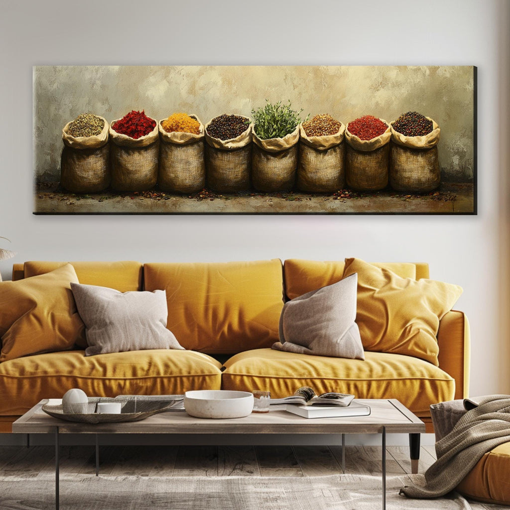 a living room with a couch and a painting on the wall