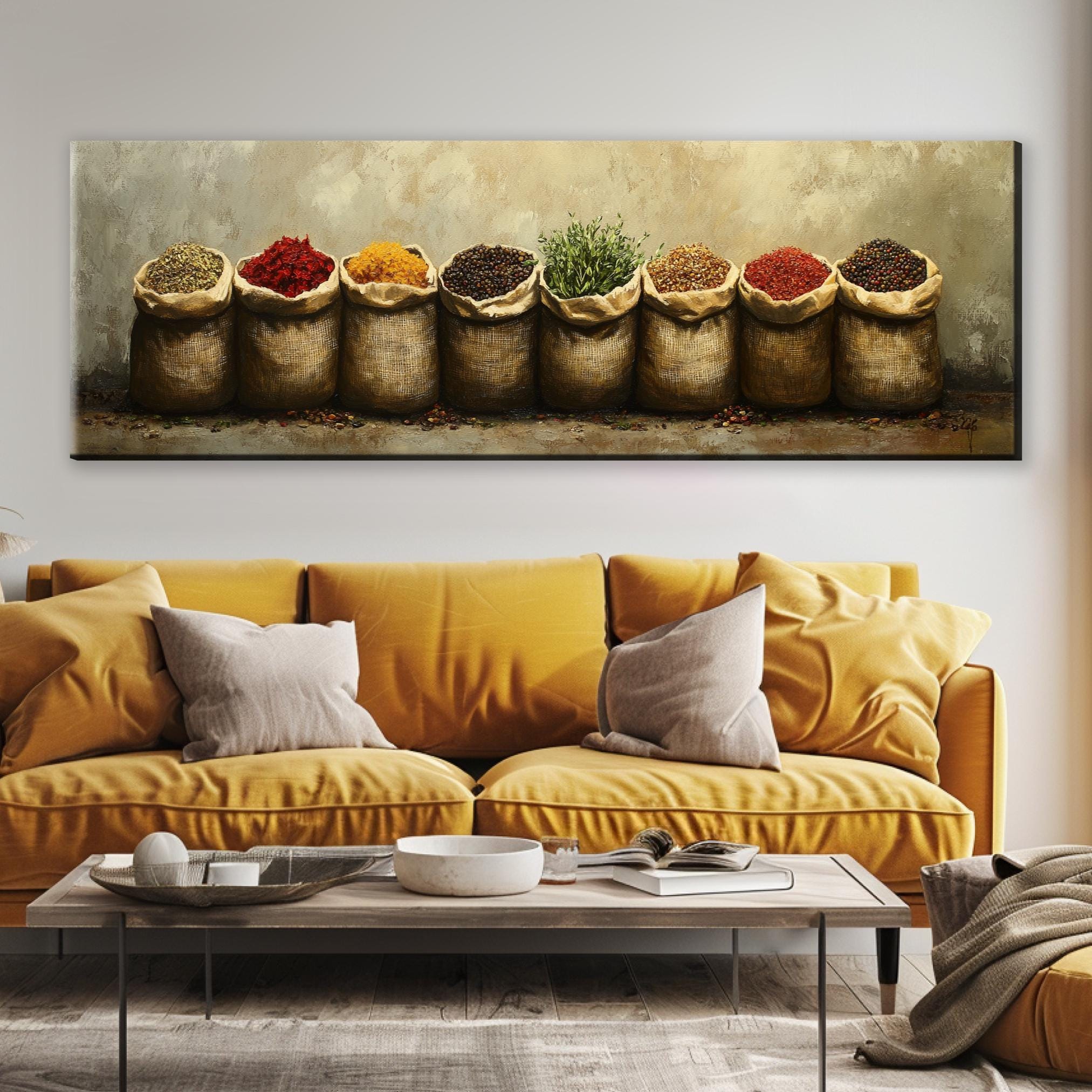 a living room with a couch and a painting on the wall