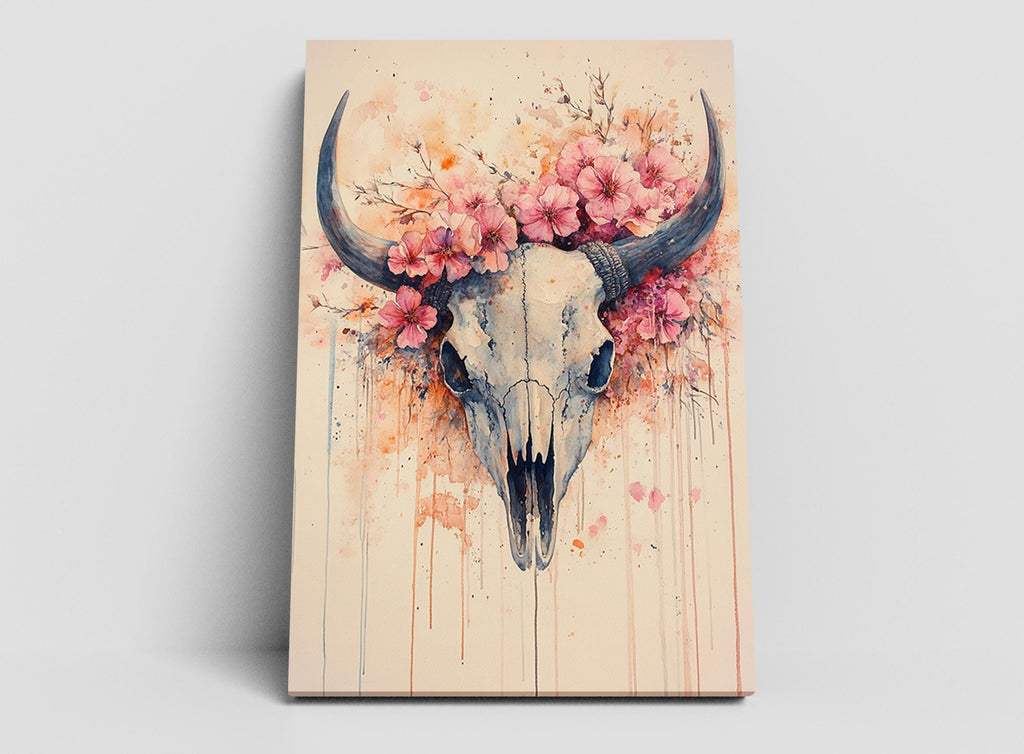 a skull adorned with pink flowers and leaves, creating a striking and artistic composition.