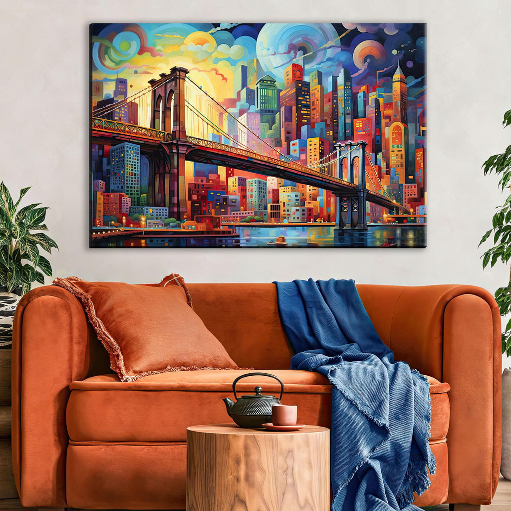 a large, colorful painting of the Brooklyn Bridge hanging on a wall above a cozy living room setting with a brown sofa and a wooden side table.