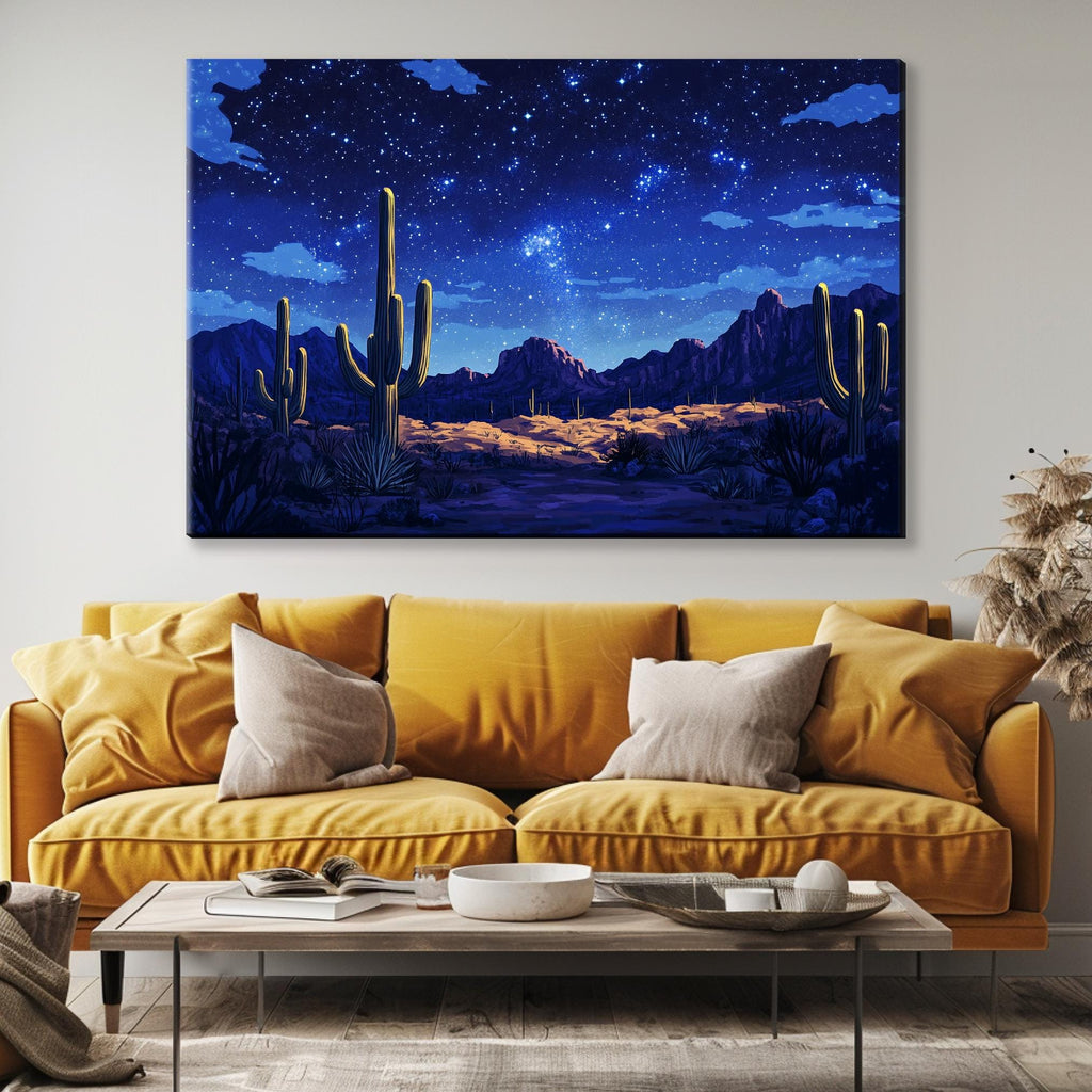a living room with a couch and a painting on the wall