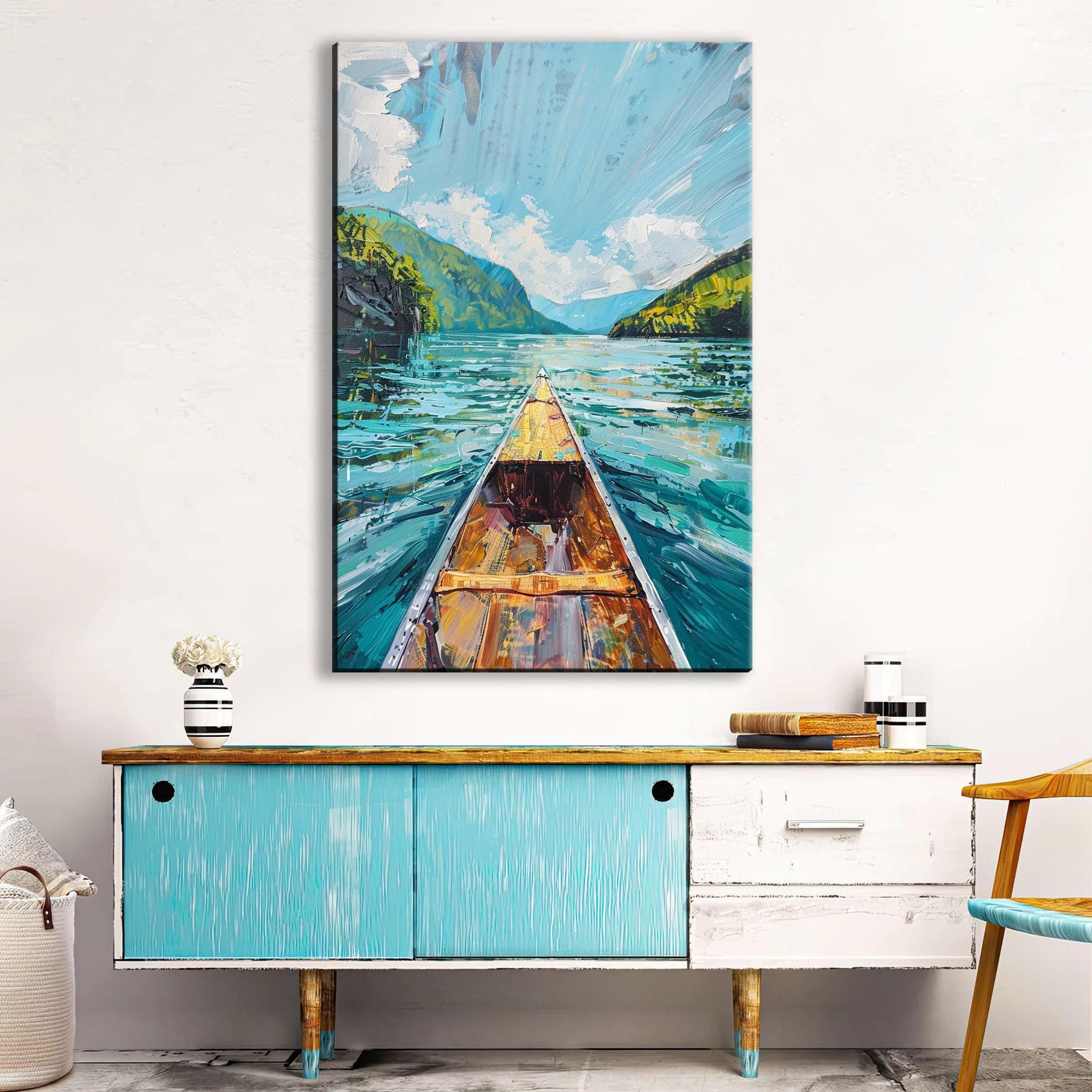Canoe Wall Art – Rustic River Canvas Print | Large Gallery Wrapped Nature Artwork