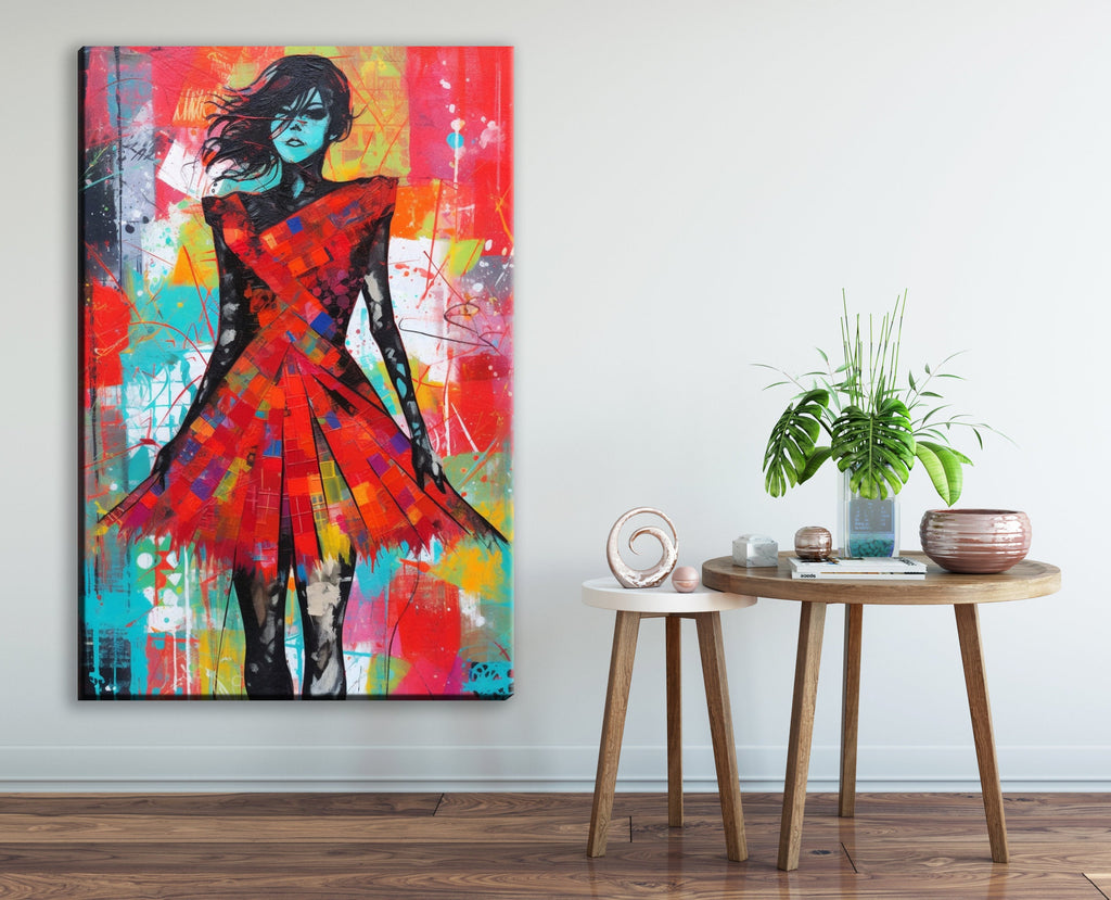 Red Dress Canvas Art | Contemporary Pop Art Painting - Female Home Decor