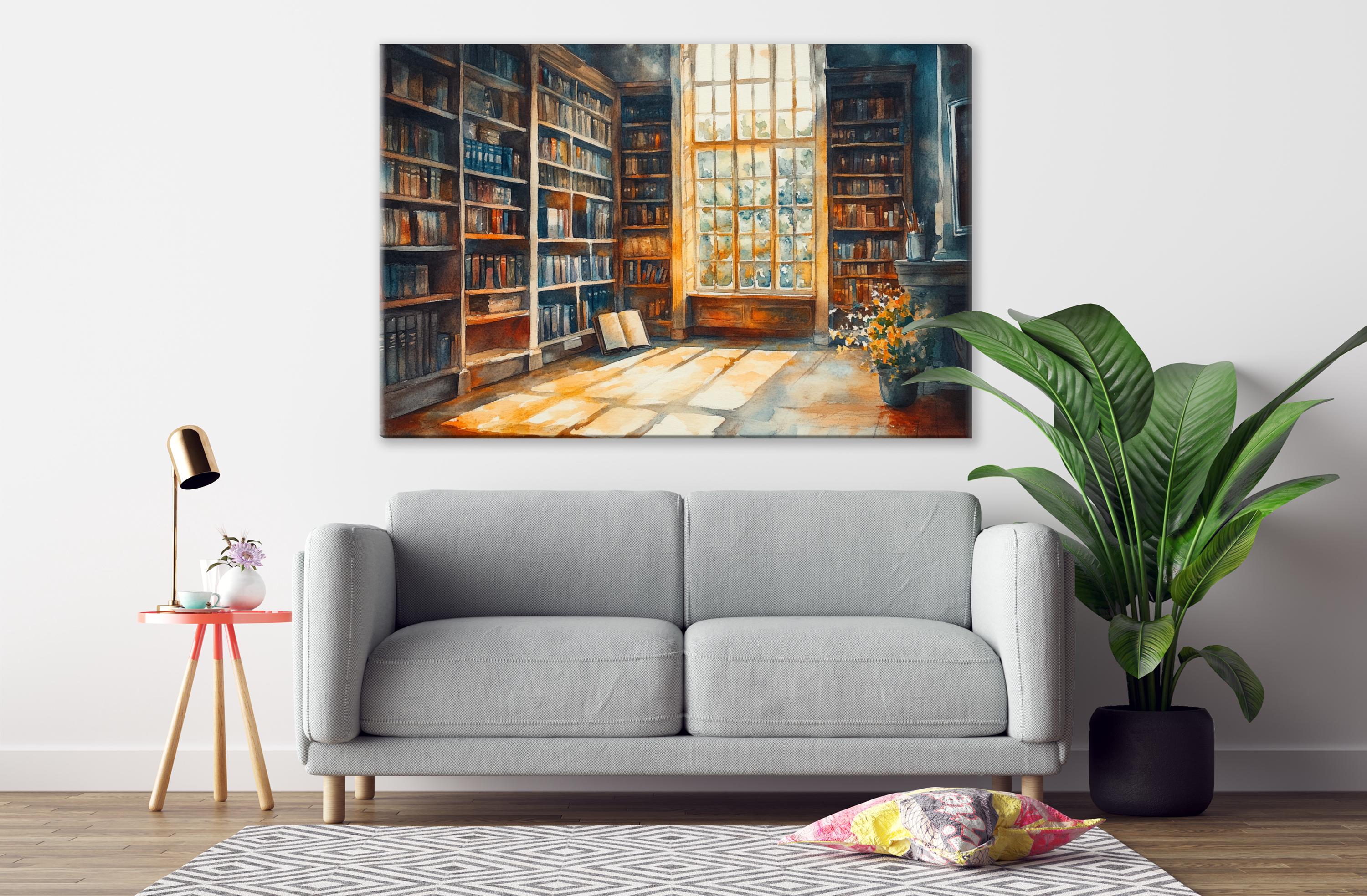 a cozy living room with a gray sofa, a small table with a lamp, and a large painting of a bookshelf with a window above it.