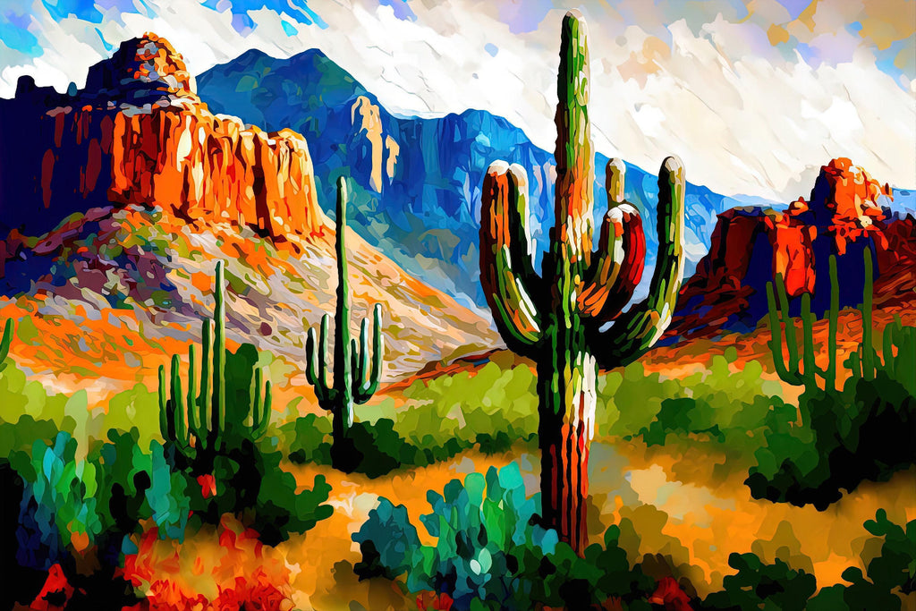 A vibrant, colorful painting depicting a desert landscape with towering mountains in the background and a variety of cacti and shrubs in the foreground.