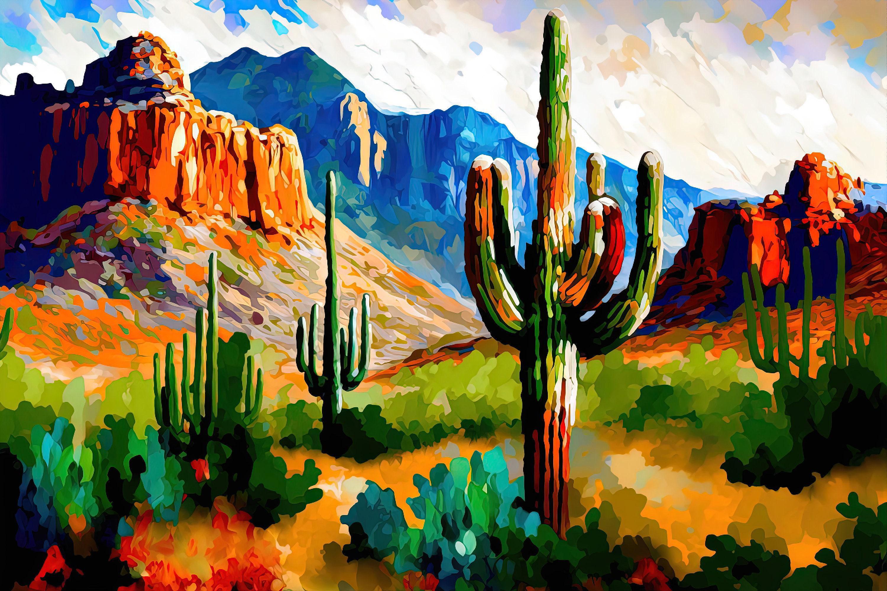 A vibrant, colorful painting depicting a desert landscape with towering mountains in the background and a variety of cacti and shrubs in the foreground.
