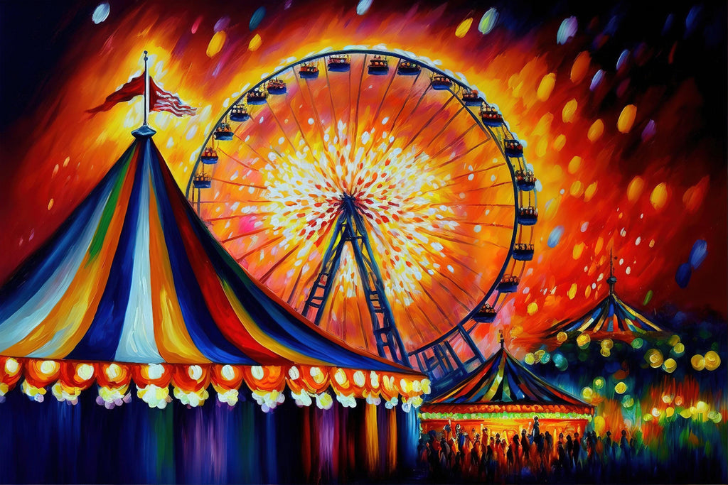 Carnival Canvas Wall Art – Vibrant Circus Painting Print With Ferris Wheel Giclee