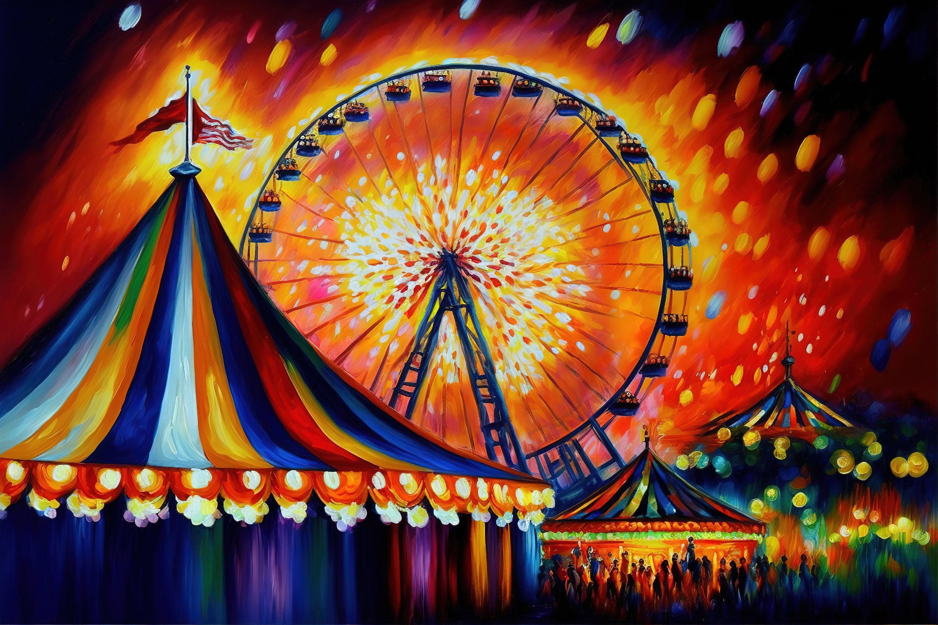 Carnival Canvas Wall Art – Vibrant Circus Painting Print With Ferris Wheel Giclee