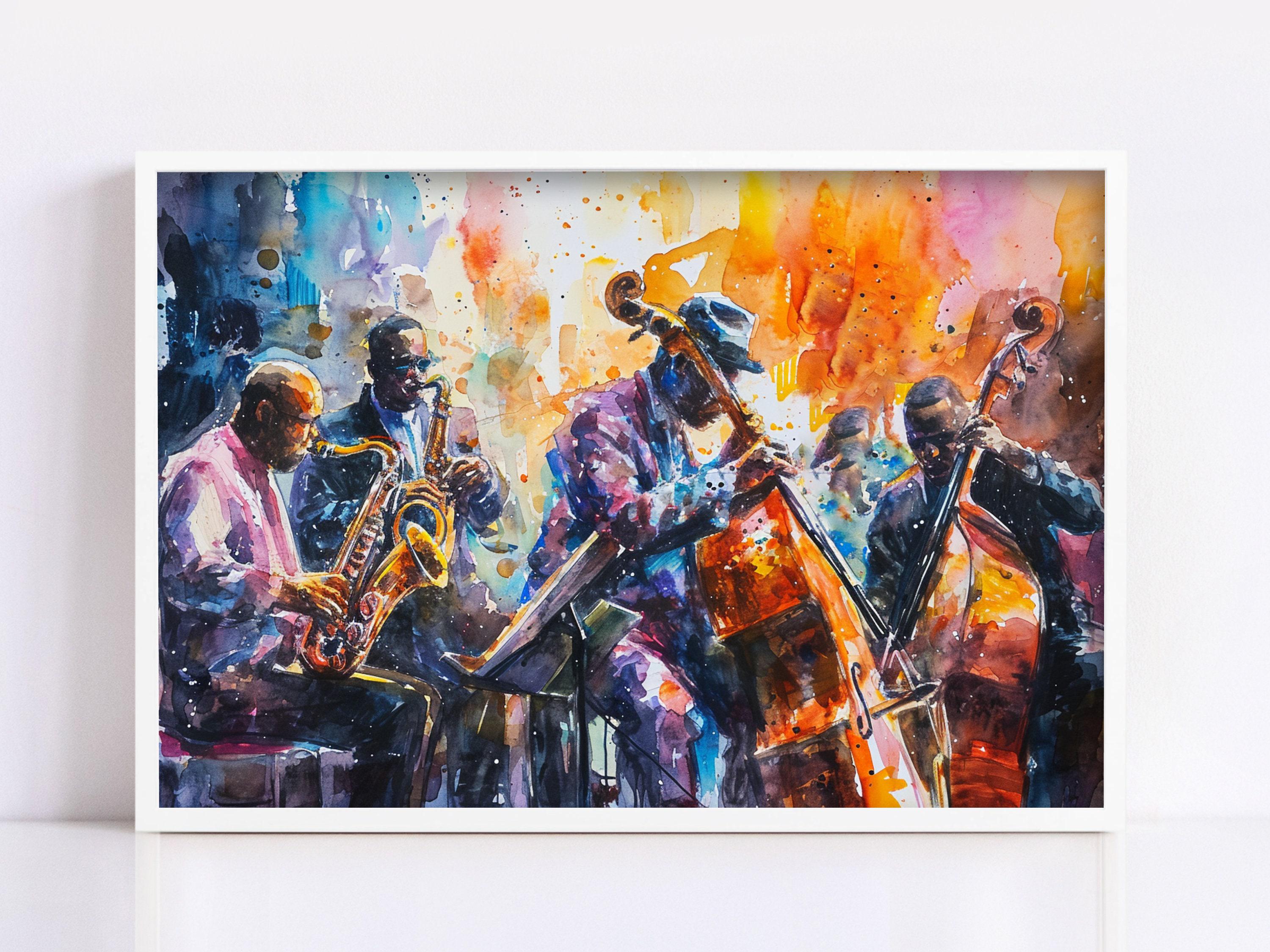 Energetic Jazz Ensemble Watercolor Wall Decor, Giclee Print on Canvas, Artist Paper, Watercolor Paper, Available in Extra Large Sizes