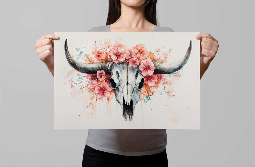 A woman holds up a framed print featuring a detailed illustration of a skull with large horns and a floral arrangement surrounding it.