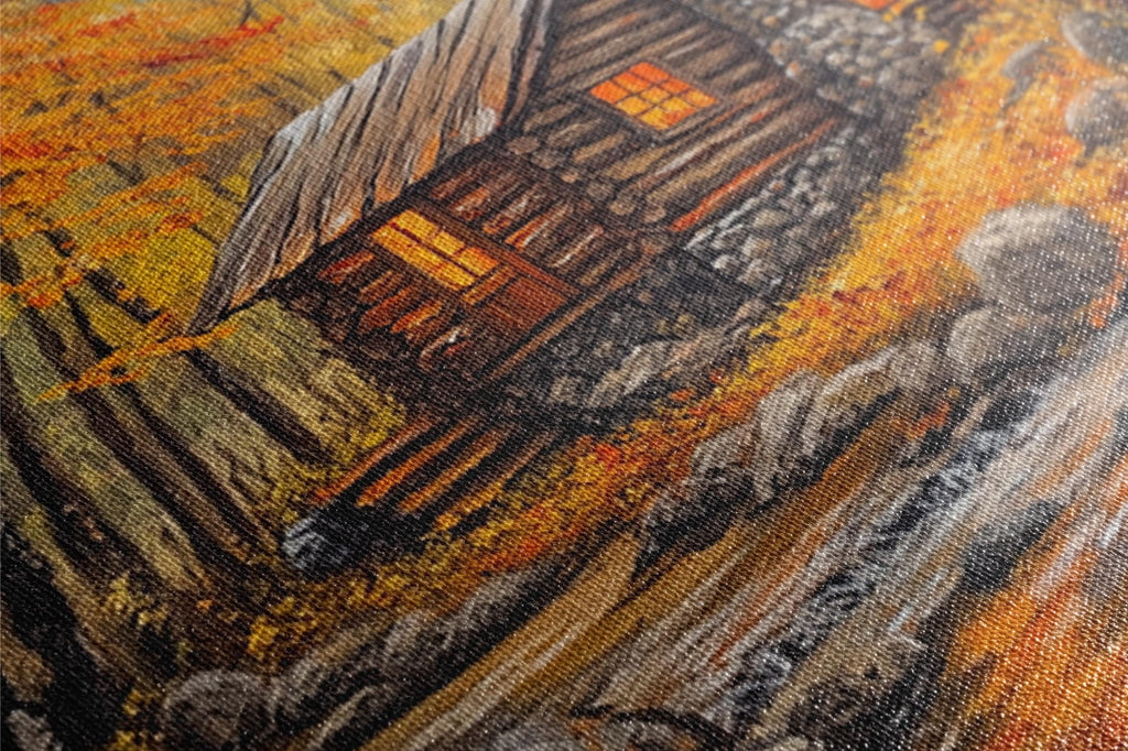 The image is a close-up of a painting depicting a cabin in a forest setting, with a warm, autumnal color palette.