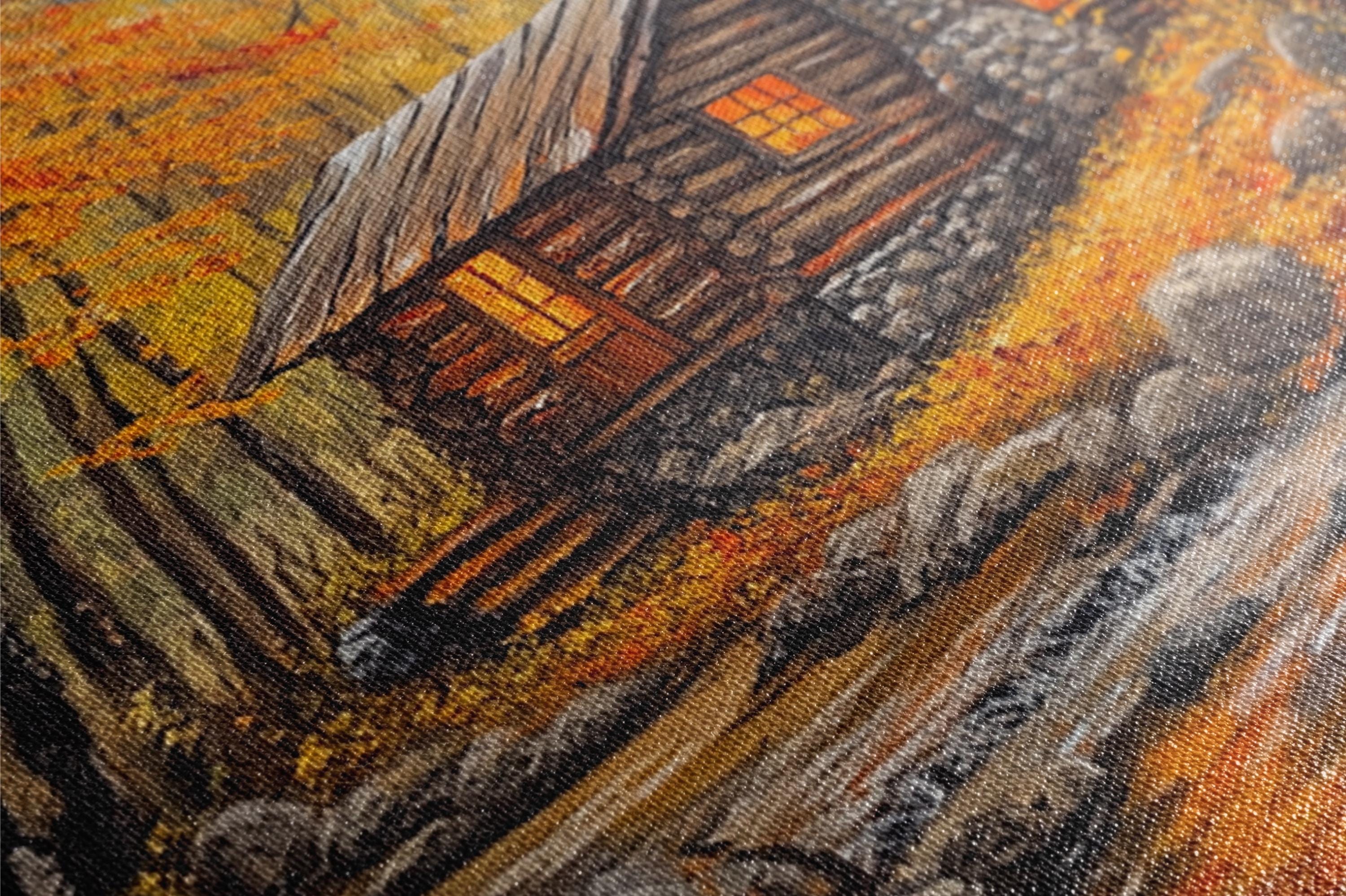 The image is a close-up of a painting depicting a cabin in a forest setting, with a warm, autumnal color palette.