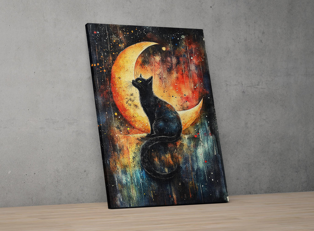 The image is a painting depicting a black cat sitting on a crescent moon, with a colorful and abstract background.